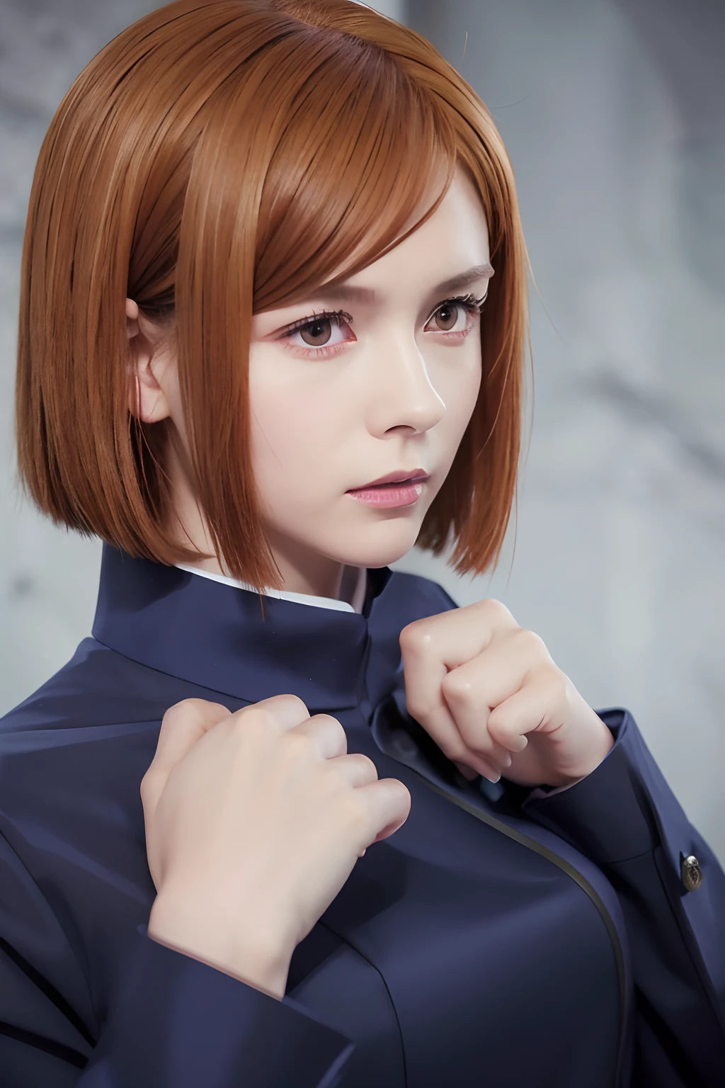 top-quality, 8K, ultra-detailliert, Photorealsitic, Rose, Jujutsu Kaisen, bob cuts, Brown hair, head shot, 1girll, student clothes, Japanese face, School uniforms are made of cloth