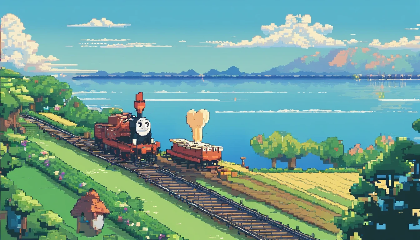 The lake and the sky are separated by a straight railway。The lake is calm，There are dense white clouds in the blue sky(Dynamic) (in style of hayao miyazaki)(Idyllic) (comic strip)