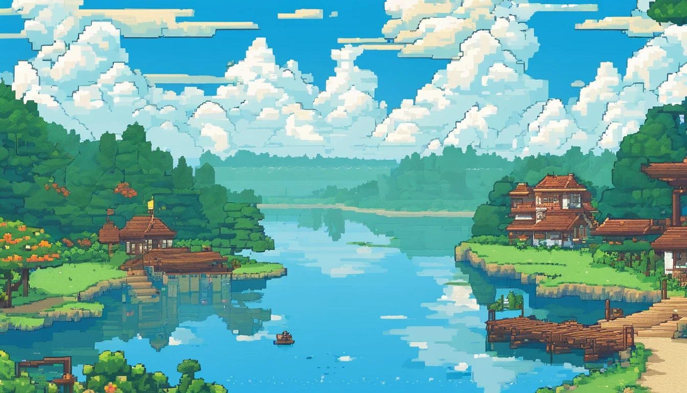 The lake and the sky are separated by a straight railway。The lake is calm,There are dense white clouds in the blue sky(Dynamic) (in style of hayao miyazaki)(Idyllic) (comic strip)