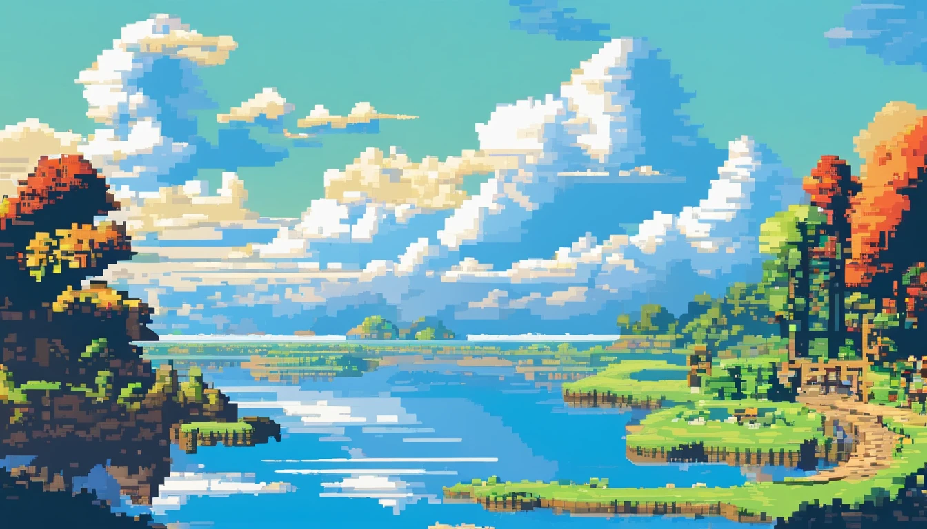 The lake and the sky are separated by a straight railway。The lake is calm，There are dense white clouds in the blue sky(Dynamic) (in style of hayao miyazaki)(Idyllic) (comic strip)