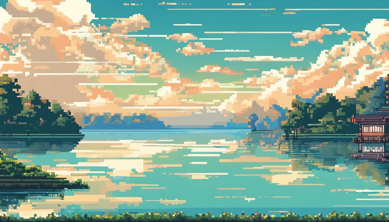 The lake and the sky are separated by a straight railway。The lake is calm,There are dense white clouds in the blue sky(Dynamic) (in style of hayao miyazaki)(Idyllic) (comic strip)