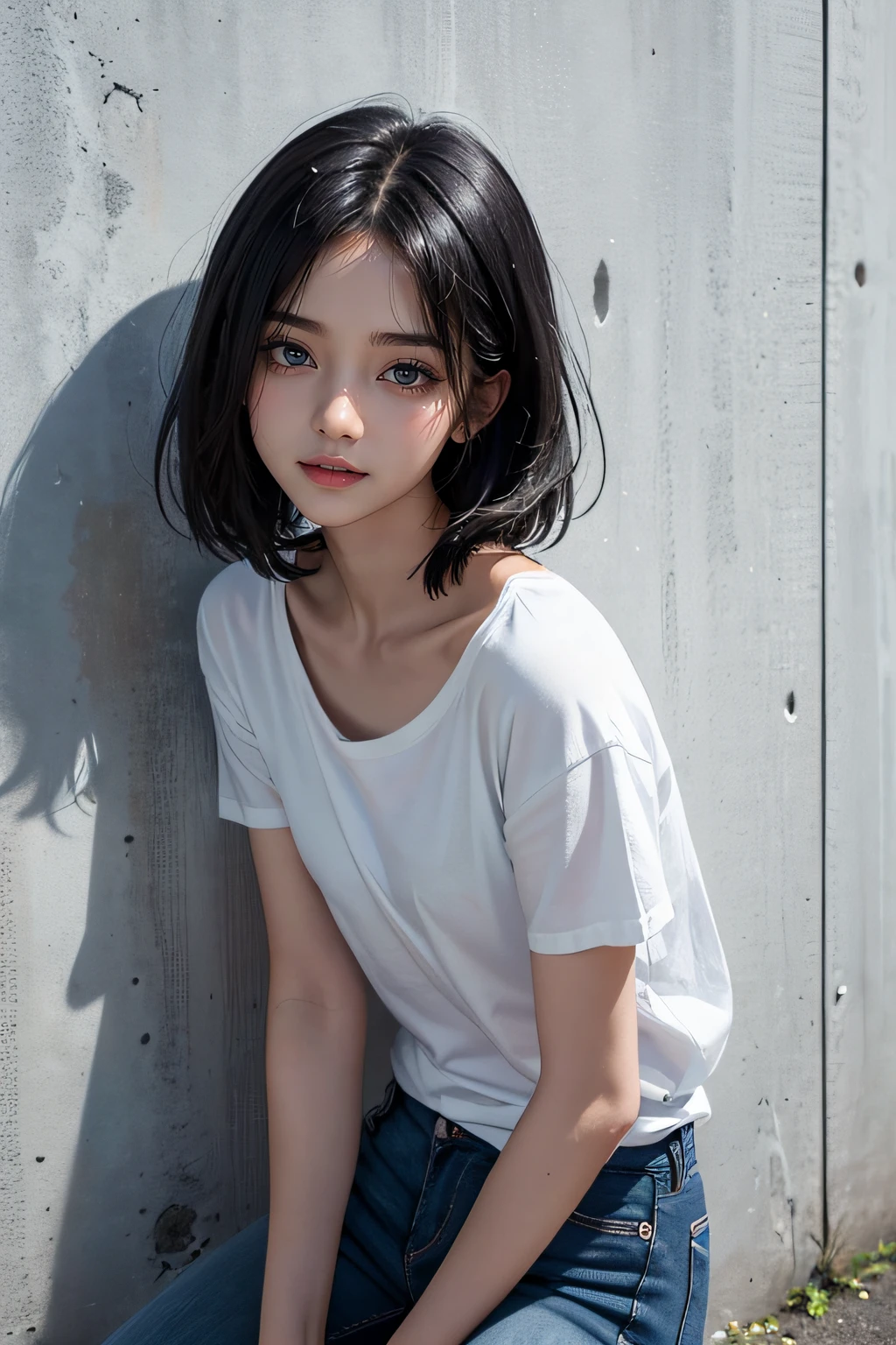 Blue skinny jeans , wet white T-shirt , Good Eyes , Laughter , petite girl , Fair skin , Dark black eyes , Black hair , frontage , No background , Highest Quality, masterpiece , portrait of a , nsfw , Cute s , Bob Firm , Eye makeup
