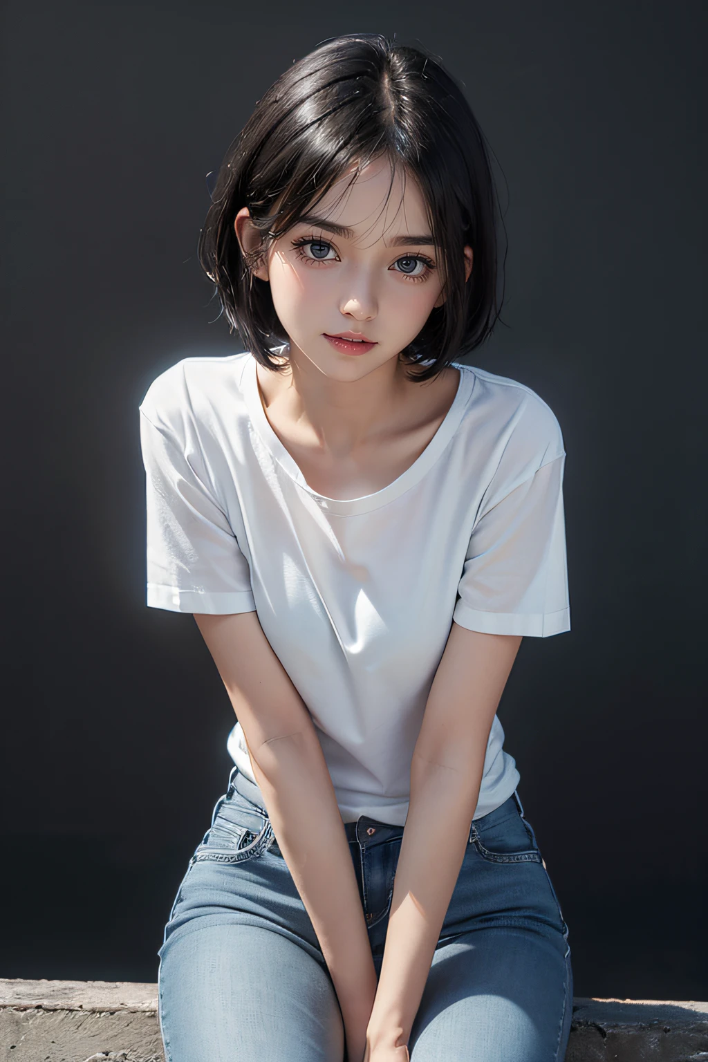 Blue skinny jeans , wet white T-shirt , Good Eyes , Laughter , girl , Fair skin , Dark black eyes , Black hair , frontage , No background , Highest Quality, masterpiece , portrait of a , nsfw , Cute littles , Bob Firm , Eye makeup