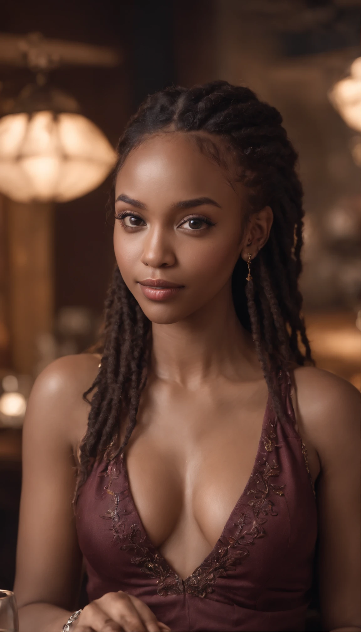 Photorealistic Beautiful light-black girl, mixed-race girl, cocktail dress, brown skin, long dreadlocks, many small tattoos and piercings, cleavage, full-body portrait hyperrealism, restaurant, wine, character, chibi, real, art, blast, photography, beautiful, colorful, realistic, masterpieces, superior quality, best quality, official art, beautiful and aesthetic,