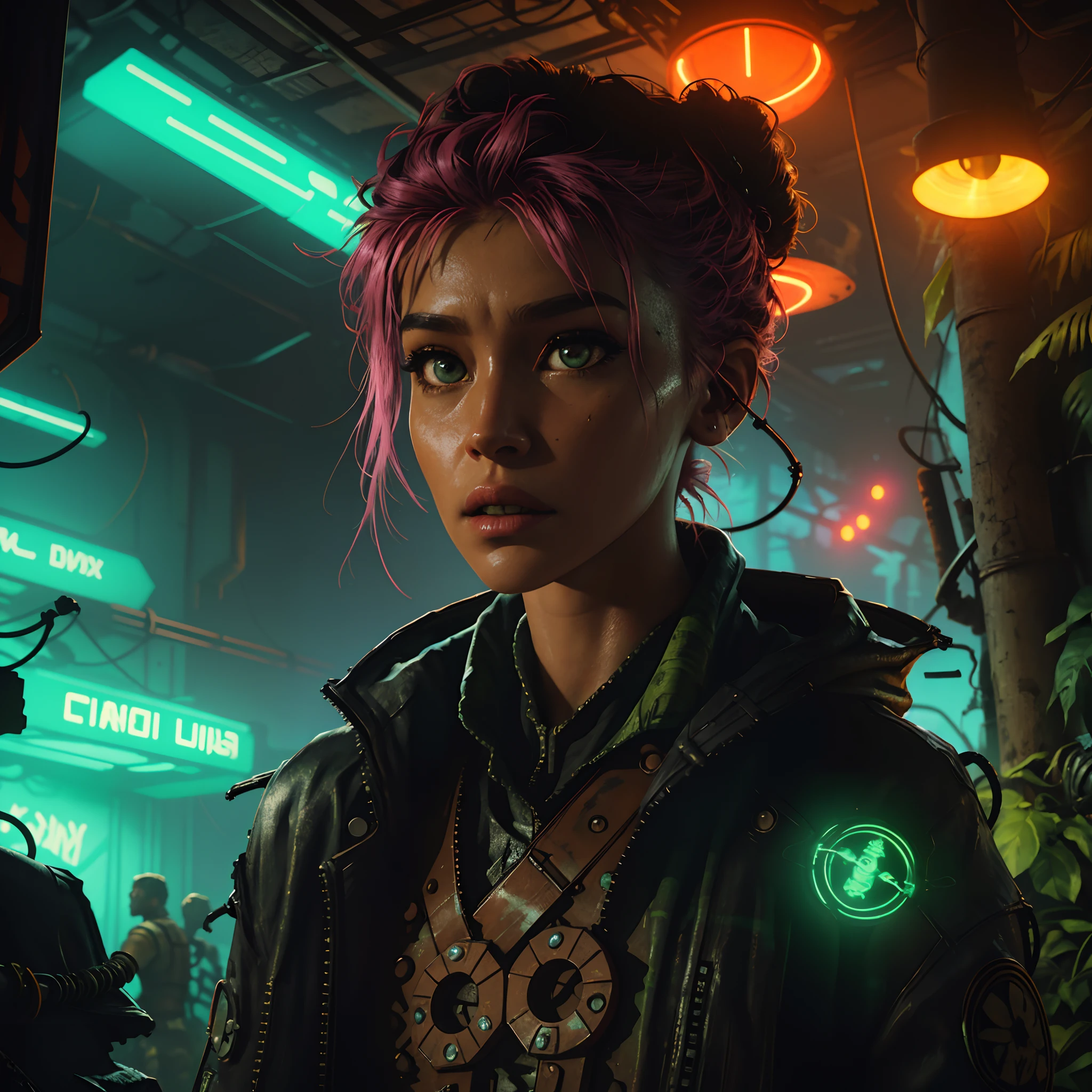 upper body portrait of 20-yo women in Post-apocalyptic cyberpunk setting with overgrown tropical floral wasteland nature in an abandonned neon city galactic jungle with a tropical mad max 80's retro arcade vibe to it. A detailed close-up of a scary Call of Cthulhu inspired carnivorous plant. Neon lights and industrial arcitechture is a witness of the futuristic cyberpunk setting. It's a barren desert wasteland with dust and dunes everywhere. Everything is being taken over by a lush tropical nature and poisonous flesh eating flowers. The character is Dungeons and Dragons inspired. Luminous Canopy, Neon bazaar, pastel colors, Vines are growing between buildings and jungle plants are growing everywhere, wasteland, oil field, neon lights, action photo, wartime, close-up, hdr, highly detailed, detailed eyes, detailed lips