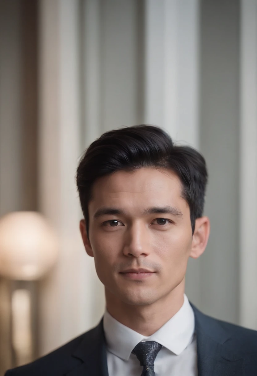 a full potrait of a smart and good looking cute man sitting at the table looking at camera, home, full men, scientific, futuristic, wearing a white and black shirt, background trading stocks and earning money futuristic simple men wearing a black mask