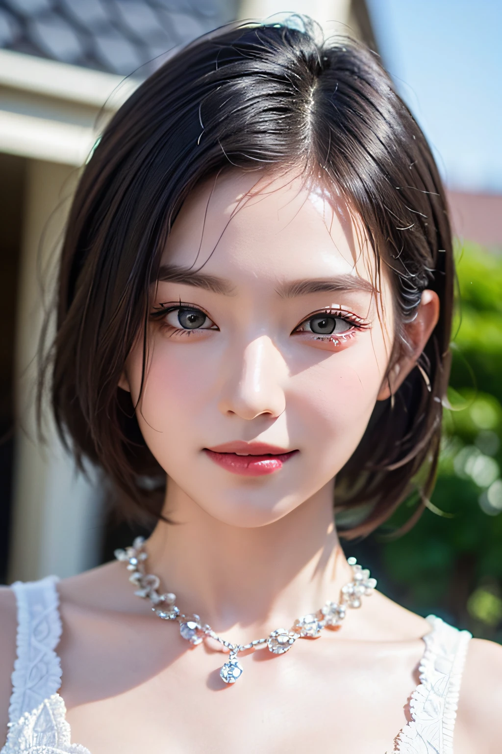 8K,extremely detailed eye、extra detailed face、best qualtiy、masterpiece、ighly detailed、ultra-detailliert、(realisitic、Photorealsitic:1.3)、A smile、(facing front)、Look at viewers、Black lace bodysuit、A clear day、outside of house、1 Girl's upper body