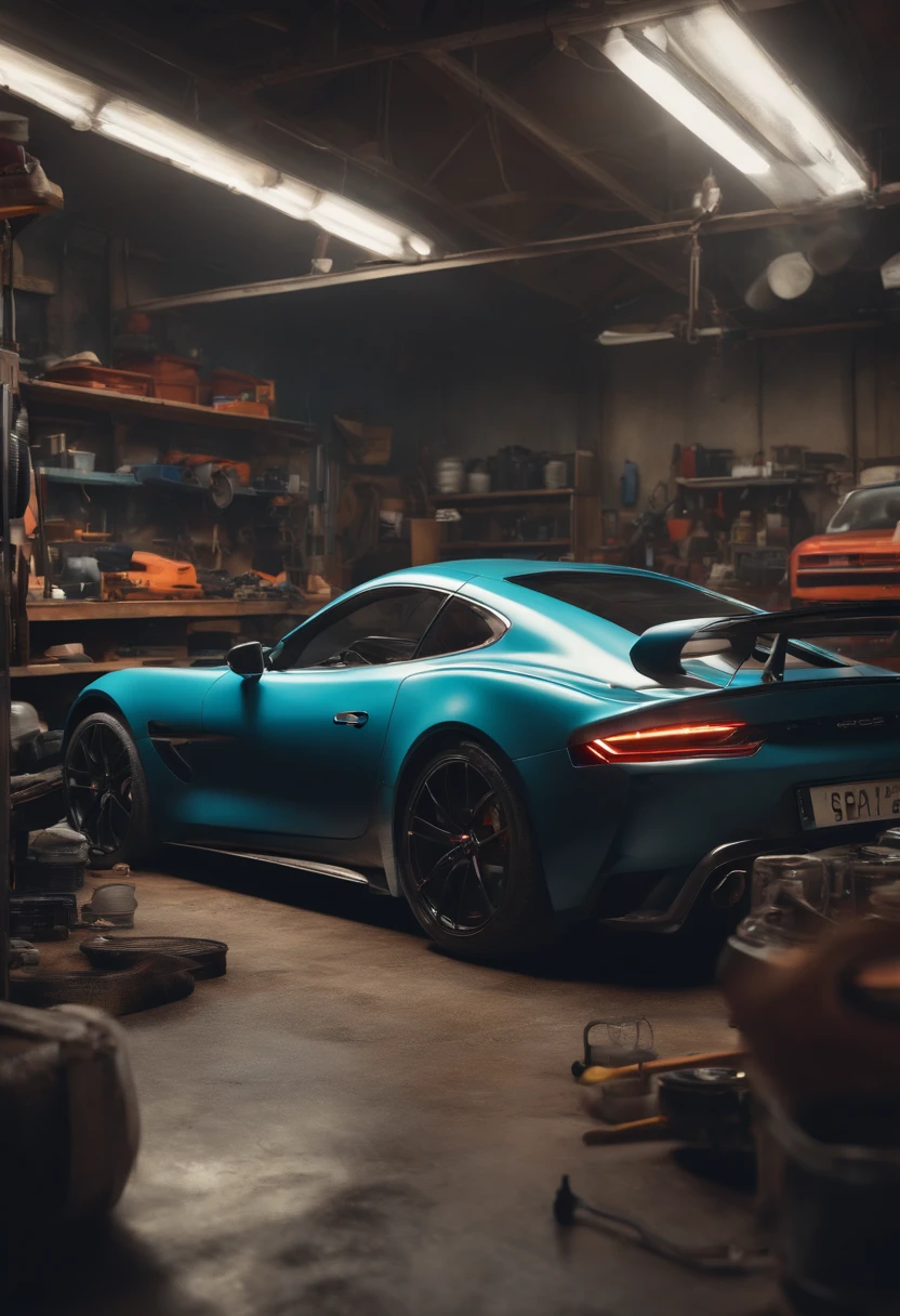 ultra-realistic image, Sports cars in a messy workshop.
