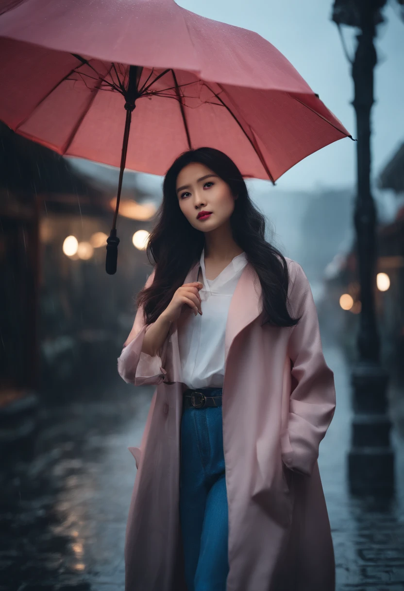 On the rainy trail for details, The girl hit the umbrella above her head, Holding an umbrella in the other hand, Blue denim leggings, Masterpiece superb night moon full moon 1 female mature woman, Chinese sister, royal sister, cold face showing silver-white long-haired woman, light pink lips, calm intellectual, three bands, gray schoolboy, assassin, lantern, lantern, flower bulb, background, strolling street scene, Long hair shawl,
