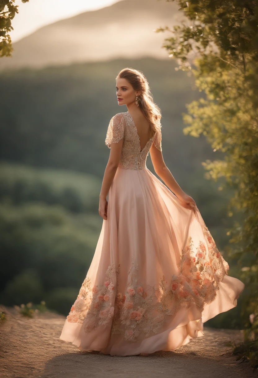 aged 30,Super detailed,a beautiful girl, , playful and charming. The girl’s dress is made of a delicate, flowing fabric that seems to dance in the breeze. The color is a soft pastel, reminiscent of the wildflowers that surround her. The bodice is fitted, with intricate embroidery and beading that catches the light. The skirt is full and flowing, with layers of fabric that rustle softly as she moves. The overall effect is one of timeless elegance and grace.