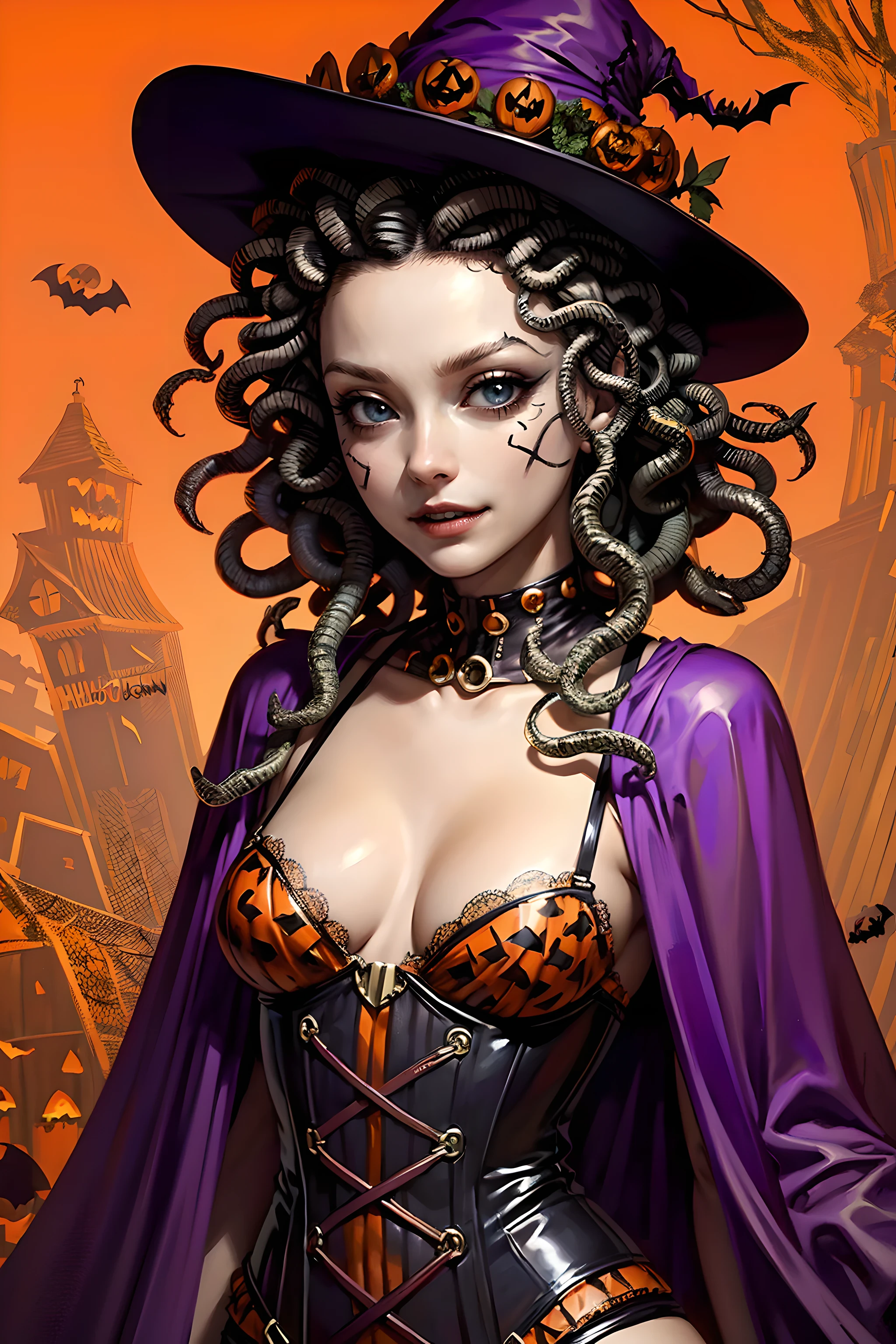 (Halloween theme:1.2), (fantasy:1.2), monster girls, long hair, snakes, gorgon, snake hair, BREAK, Beautiful illustration, top-quality, (cute Russian medusa girl, white people:1.3, Caucasian:1.3), having medusa features, (medusa:1.5), BREAK, (medusa hair:1.5), (snake hair:1.3), (hair is composed of countless small snakes:1.3), (blue eyes, pale skin:1.1), (beautiful, 20 years old:1.5), slim, slender, (small-medium breasts), clean face:1.3, BREAK, (black elegant full lacy dress), (latex corset), (black latex stockings), (knee-high-over-boots, pin-hells), (insanely detailed clothes), BREAK, arms behind back, arms up on head, blue eyess, lovely thighs、jack o'lantern, (looking straight at the viewer), (view viewer:1.3), (upper body:1.3), top angle, (((halloween background:1.5))),