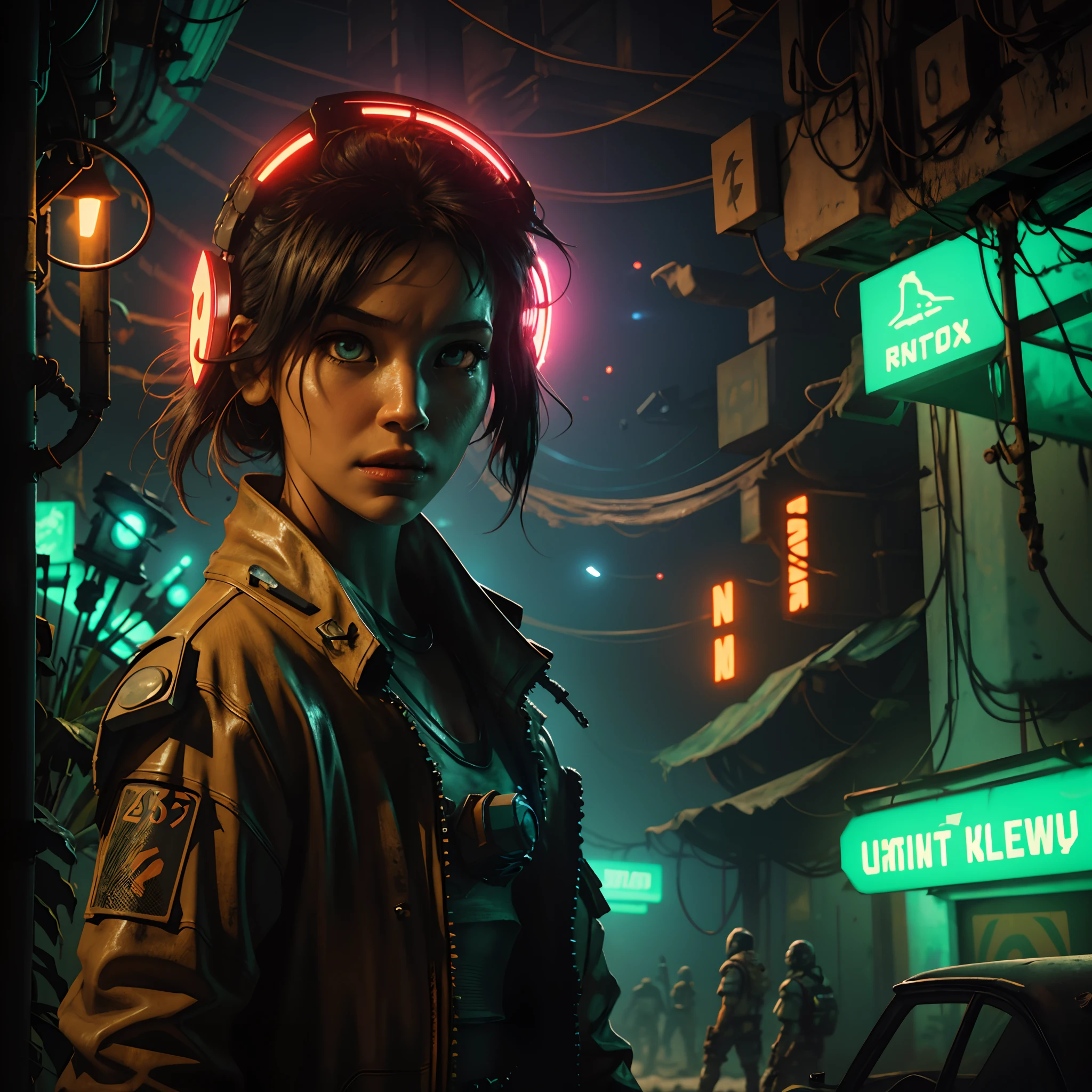 upper body portrait of 20-yo women in Post-apocalyptic cyberpunk setting with overgrown tropical floral wasteland nature in an abandonned neon city galactic jungle with a tropical mad max 80's retro arcade vibe to it. A detailed close-up of a scary Call of Cthulhu inspired carnivorous plant. Neon lights and industrial arcitechture is a witness of the futuristic cyberpunk setting. It's a barren desert wasteland with dust and dunes everywhere. Everything is being taken over by a lush tropical nature and poisonous flesh eating flowers. The character is Dungeons and Dragons inspired. Luminous Canopy, Neon bazaar, pastel colors, Vines are growing between buildings and jungle plants are growing everywhere, wasteland, oil field, neon lights, action photo, wartime, close-up, hdr, highly detailed, detailed eyes, detailed lips