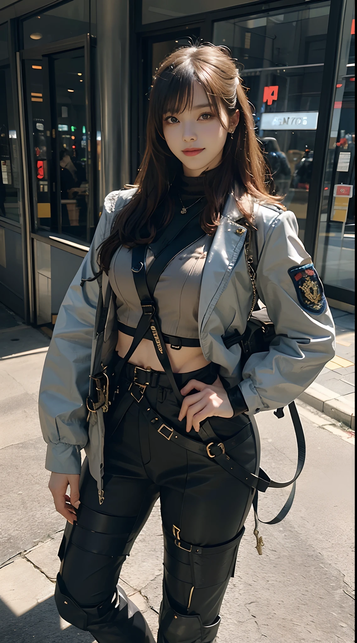 (Highest image quality, outstanding details, ultra-high resolution), 1 girl, (wearing futuristic military outfit), (glamour body:1.2, buffed and muscular body), (a bit chubby:0.5), (futuristic military outfit inspired by Napoleon's French army uniforms, military harness, military gears such as pouches, including head protection gear), background military base, mild smile, dynamic pose, dramatic lighting, full body