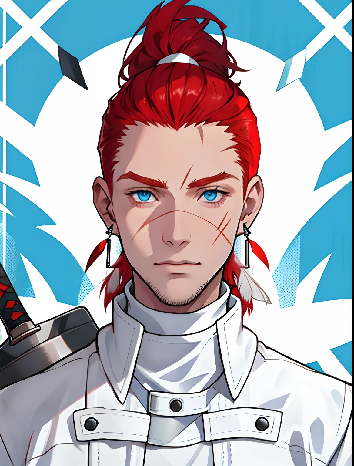 Red-haired man, with blue eyes, with scars on his face.  wearing a white leather jacket. a white turtleneck. white feather earrings. a sword on his back. red hair