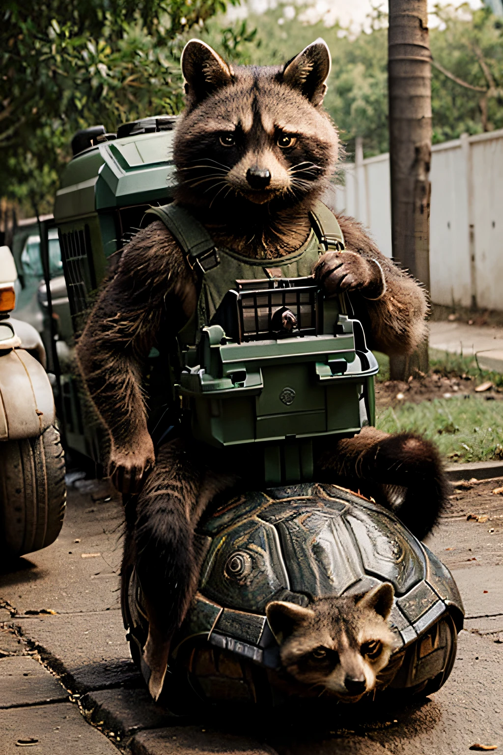 One sits on a tortoise,A violent raccoon cat carrying a heavy machine gun