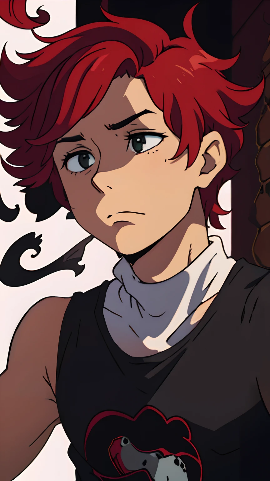 Boy, with short curly hair, red hair, white hair, who wears a black turtleneck tank top