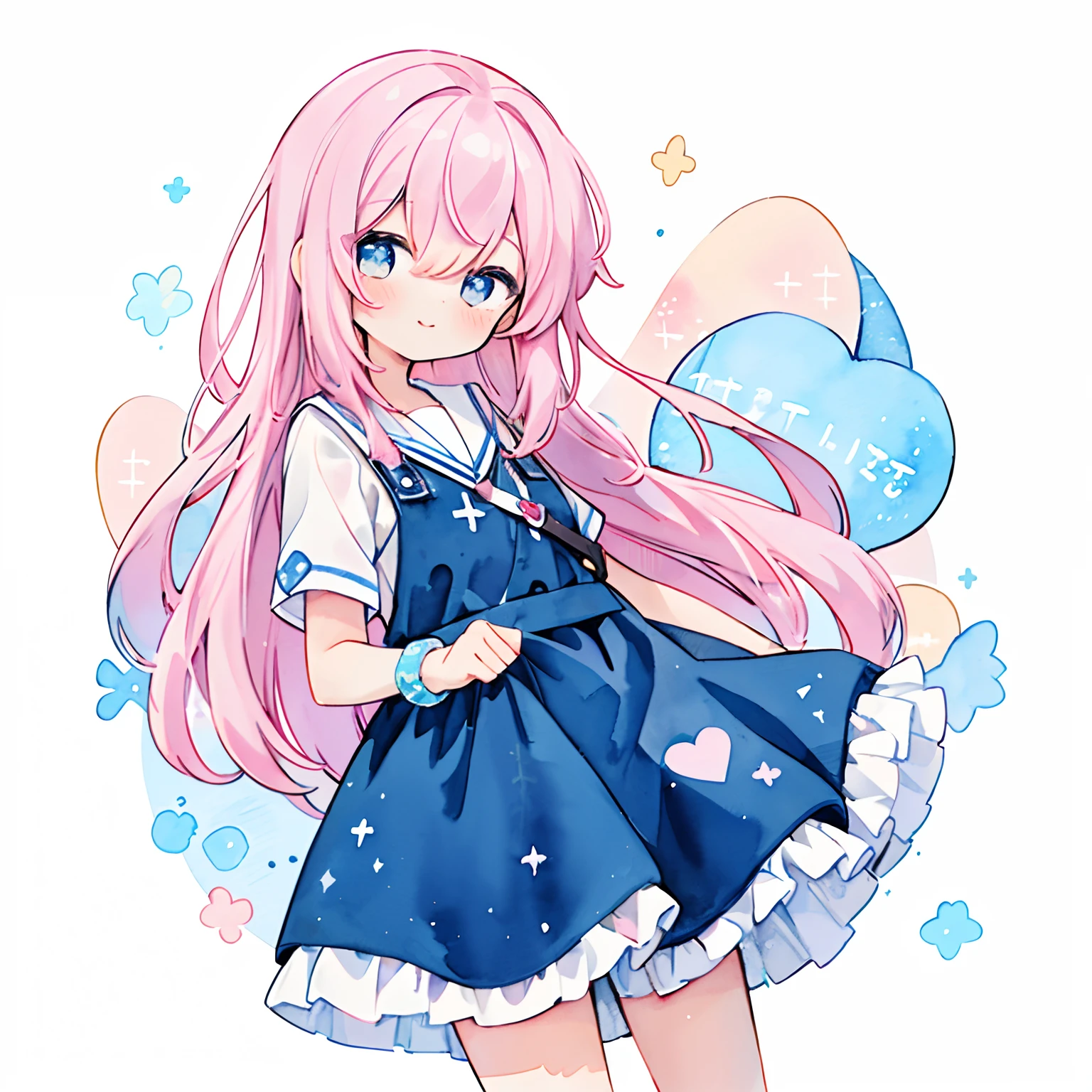 (PastelColors:1.5)、(Cute illustration:1.5)、(watercolor paiting:1.2)、(1 girl:1.0)、hair between eye、(Color: 1.5), (Cute illustration: 1.5), (watercolor paiting: 1.2), (One girl), hair between eye, girl, Whole body espian, girl, Armband isolated on white background, Quiet library, Fluffy skirt design, Librarian Design/Style Double Layer Navy Dress, Skirt Glitter Heart/Shake the haze of hair/Dark/Long hair, Cute smile, Solid girl