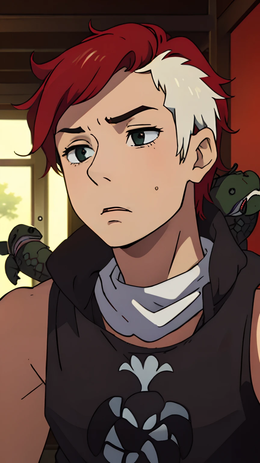 Boy, with short curly hair, red hair, white hair, who wears a black turtleneck tank top