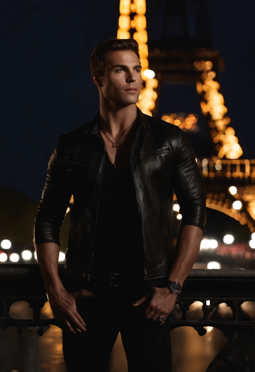 ((Top Quality, 8k, Masterpiece: 1.3)), Photoreality (1.4)), Raw Photo,beautifull,man,hollow cheeks,strong jaw,cheekbones,hunter eyes,blue eyes,extradetailed,(standing in paris in front of eiffel tower) (wear tight black T-shirt and baggy jeans) (without extra fingers,no undatailed picture)muscular,confident pose,pretty face,veryrealistic,fullbody(without beard) (blur background) (night time,midnight) lightning (highly detailed face and skin texture), (full body),perfect hands,extra detailed face,sharp