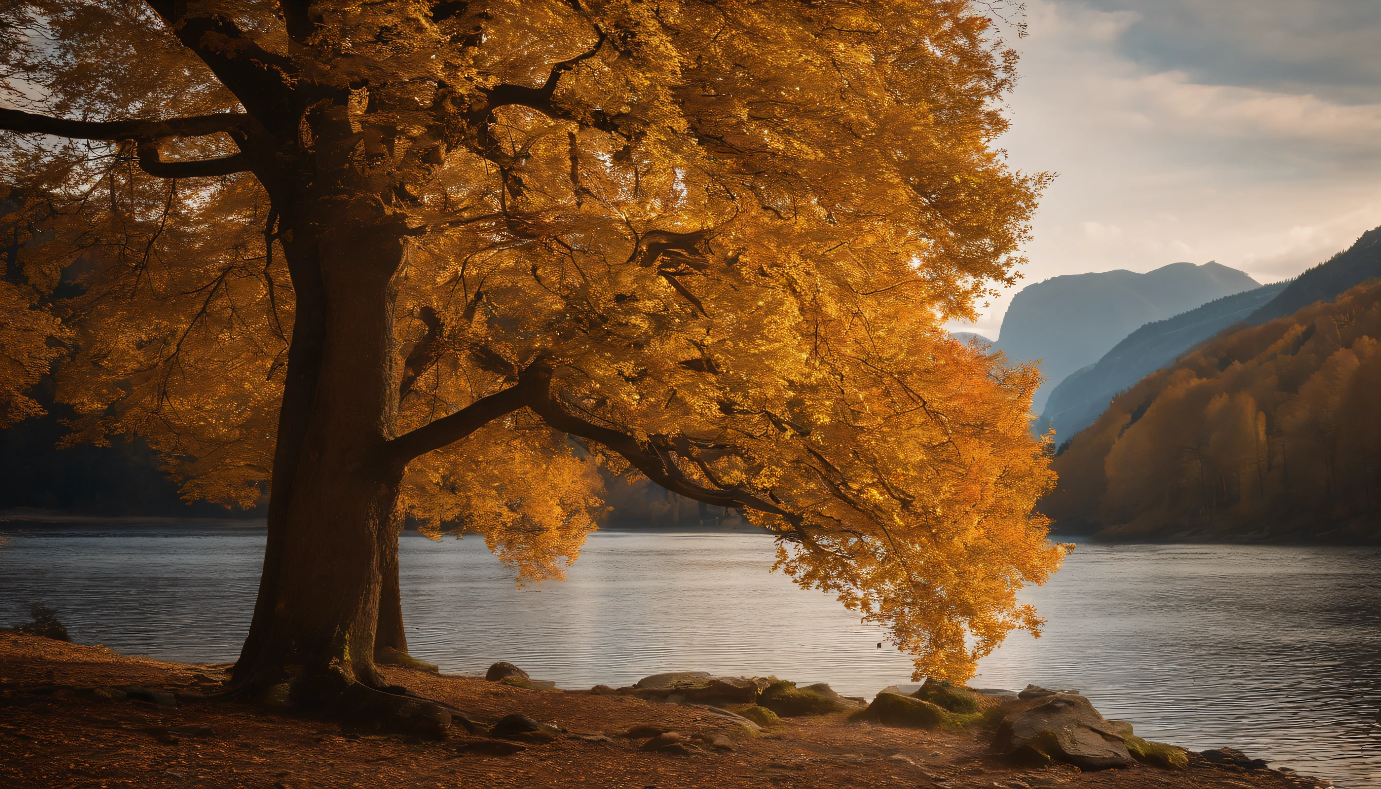 a close up of a tree near a body of water with a mountain in the background, golden autumn, stunning nature in background, autumn tranquility, nature scenery, warm beautiful scene, autumn season, forest and river, majestic nature scenery, during autumn, setting in nature, golden colors, nature wallpaper, shades of gold display naturally, in the autumn, autumn lights colors