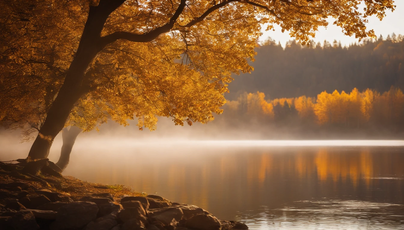 a close up of a tree near a body of beautiful lake with a forest in the background, golden autumn, stunning nature in background, autumn tranquility, nature scenery, warm beautiful scene, autumn season, forest and river, majestic nature scenery, during autumn, setting in nature, golden colors, nature wallpaper, shades of gold display naturally, in the autumn, autumn lights colors