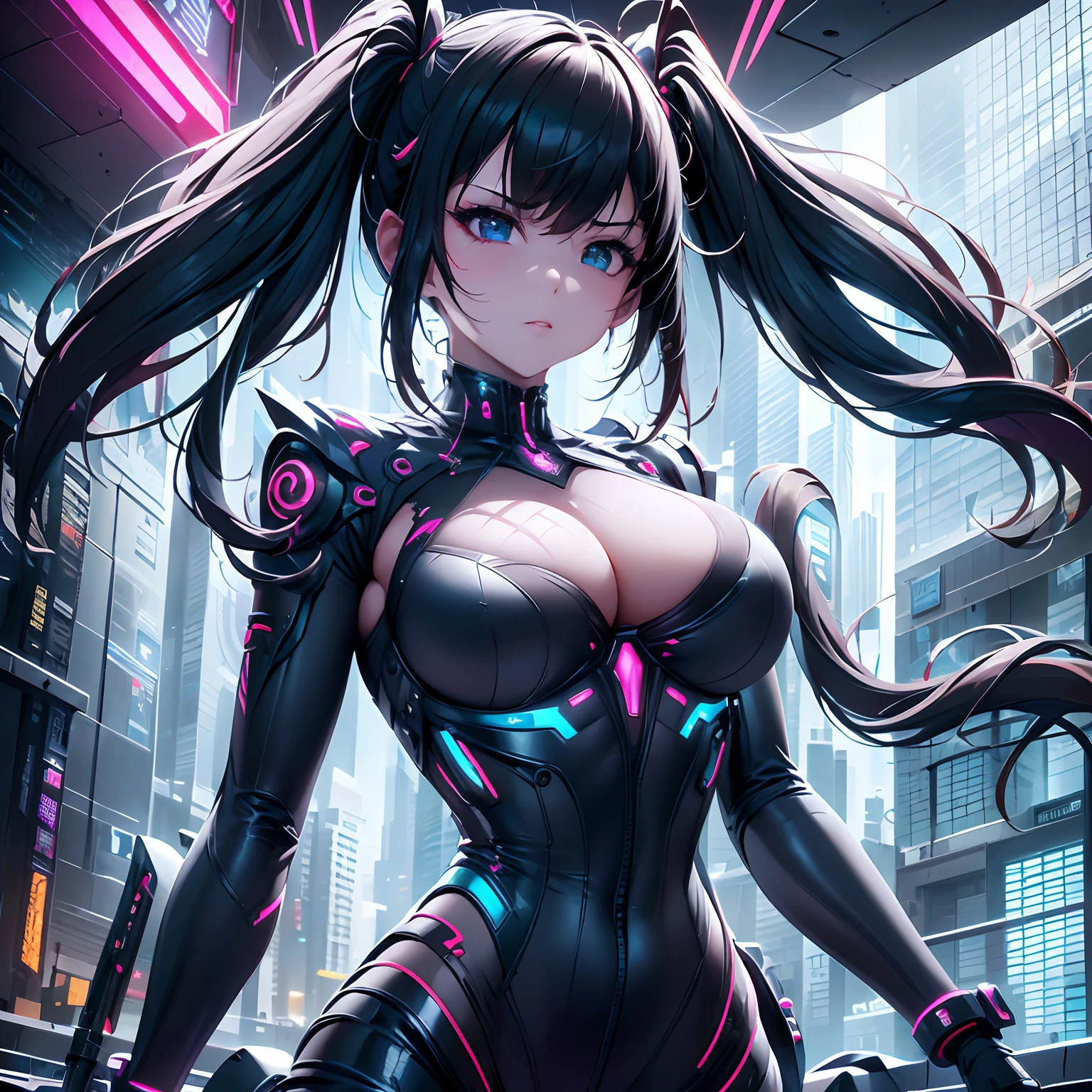 (a young girl:1.1, exciting, mysterious, intriguing, energetic) standing in a (cyberpunk) like (cyber city:1.1), the (young girl) is wearing a (sexy latex outfit), she has a (short bob hair style). The (cyber city) is filled with (fluorescent lights, neon signs, towering skyscrapers), creating an (intense atmosphere). The (buildings) are covered in (graffiti and holographic advertisements) that illuminate the streets. The (cityscape) is dominated by (hovering vehicles, flying drones) and (glowing holograms) that blend into the futuristic scene. The girl's (latex outfit) is (fitted, sleek, shiny), emphasizing her (curves) and (confidence). Her (short bob hair) frames her face, highlighting her (striking features) and (determined expression). The environment is bathed in (vibrant, electric) colors, with an abundance of (blues, purples, pinks), creating a (cyberpunk aesthetic). The (lighting) is (dynamic and dramatic), casting shadows and illuminating the scene, adding depth and intrigue to the overall composition. The (artistic style) of the image is (detailed, futuristic, digital), combining elements of (concept art, photorealism) to create a visually stunning piece. The attention to (detail) in the girl's (facial features, clothing) and the (architecture) of the (cyber city) is (impressive). The overall quality of the image is (best quality, high resolution), with a focus on (sharpness, realism) to bring the scene to life.