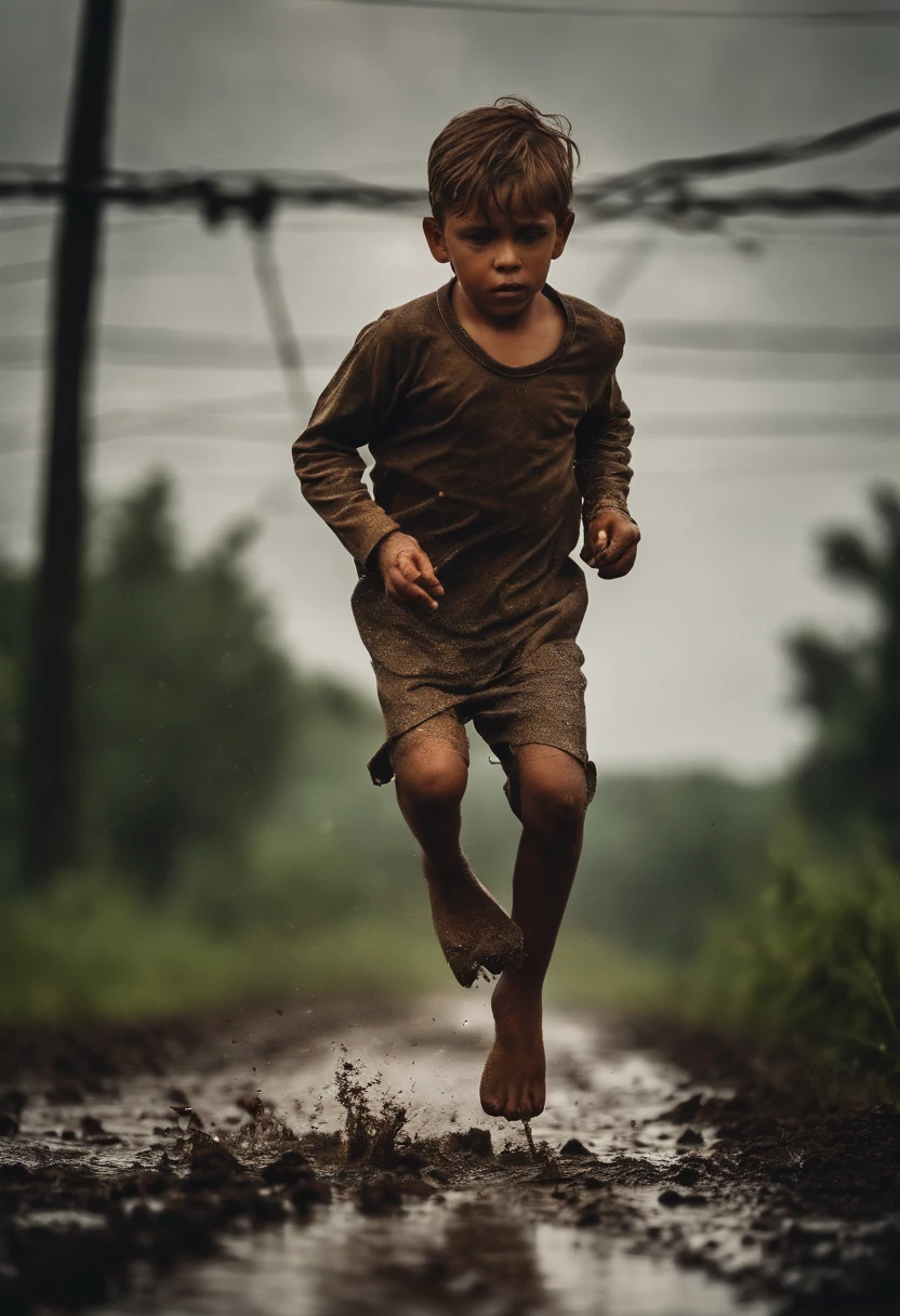 During thunderstorms,Electrocution under a high-voltage power pole,A boy runs on a muddy road,The barefoot