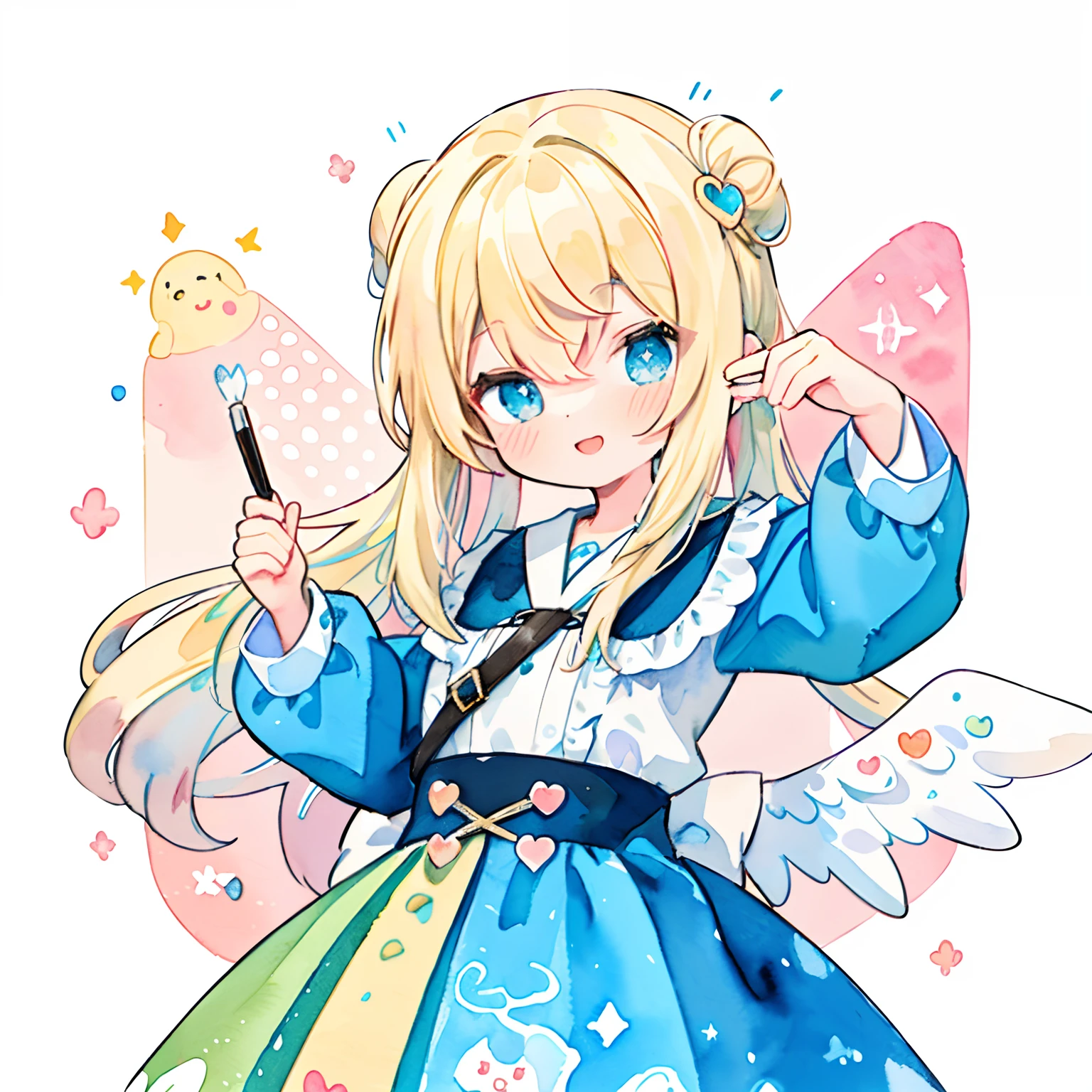 (PastelColors:1.5)、(Cute illustration:1.5)、(watercolor paiting:1.2)、(1 girl:1.0)、hair between eye、(Color: 1.5), (Cute illustration: 1.5), (watercolor paiting: 1.2), (1 girl: 1.0), (1 girl: 1.2), hair between eye, White background, girl, Whole body espian, Angel Girl, Light ring on the head, Puffy skirt design, Angel Design, Style, Two-tiered blue dress skirt, Sparkling Heart, Blonde hair with swaying hair, Haze, Smile