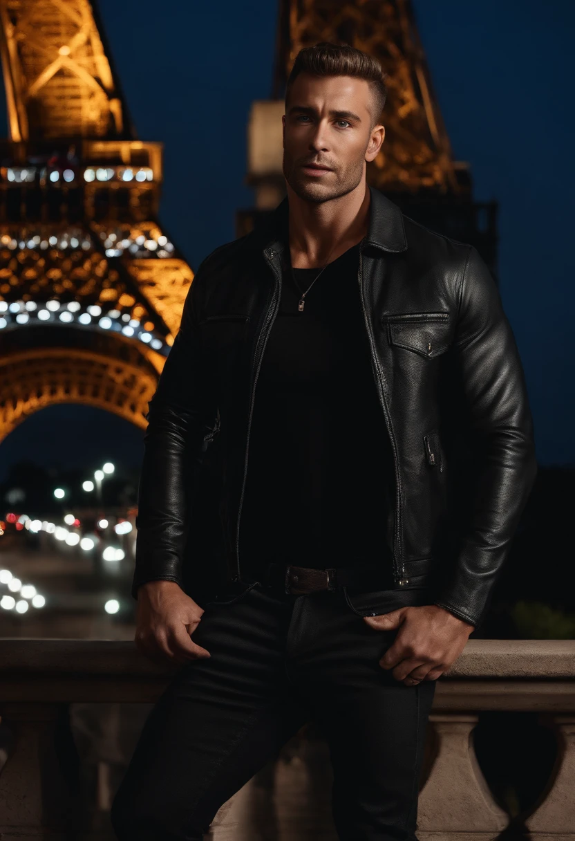 ((Top Quality, 8k, Masterpiece: 1.3)), Photoreality (1.4)), Raw Photo,beautifull,man,hollow cheeks,strong jaw,cheekbones,hunter eyes,blue eyes,extradetailed,(standing in paris in front of eiffel tower) (wear tight black T-shirt and baggy jeans) (without extra fingers,no undatailed picture)muscular,confident pose,pretty face,veryrealistic,fullbody(without beard) (blur background) (night time,midnight) lightning (highly detailed face and skin texture), (full body),perfect hands,extra detailed face,sharp,pretty,perfection,domination,small nose