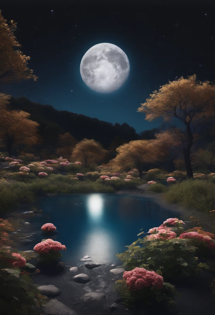 8k, ultra-fine, wide-angle lens expression, (night sky:1.5),(masterpiece), (best quality, high quality:1.4),{Photorealistic},Realistic,Hyper Realistic,perfect anatomy,ultra detailed,perfect design,ultra detailed structures,no humans,nostalgia, Autumn night sky, garden, water, Japanese chrysanthemums blooming, magical, soothing the fatigue of the day,EasyNegative,negative_hand-neg, (worst quality, low quality,humans,,bad hands, watermark, username:1.2,monochrome,grayscale, poorly eyes,)