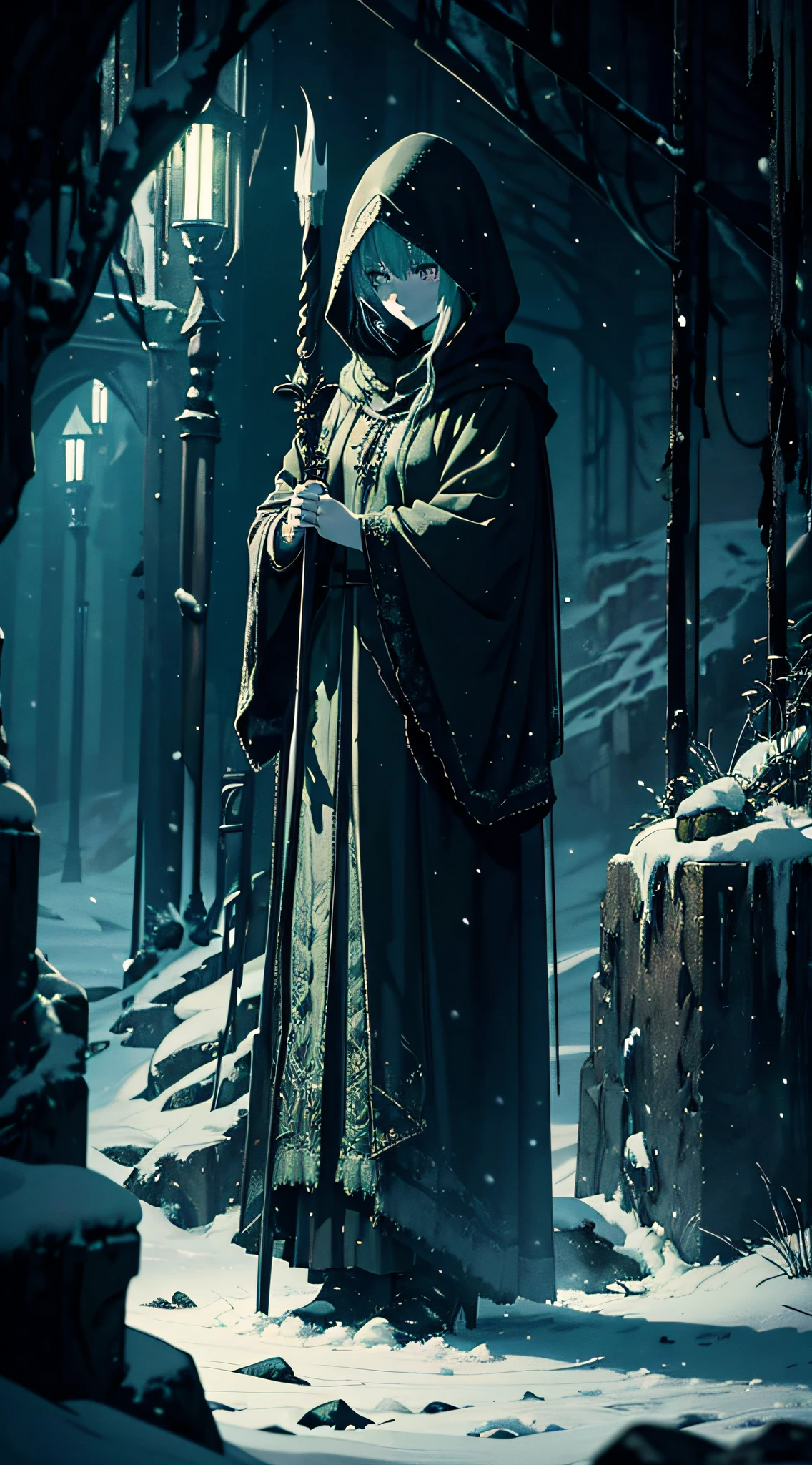 dark art, highly detailed landscape, underground, pale lights, cold lighting, cold caves, snowy caves, dark lighting, enveloping darkness, ancient pale altar, faint glowing green symbols, anime girl, standing, closed clothing, cloak and hood covered with snow, raises a staff with a smoldering fire at the end, horror art, gloomy atmosphere