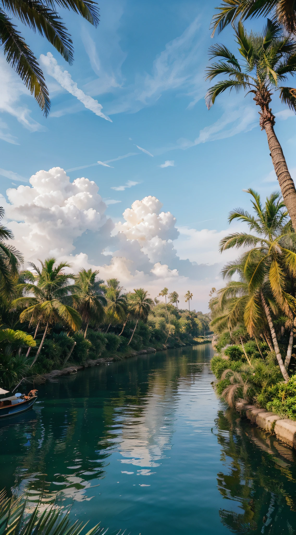 (best quality,4k,8k,highres,masterpiece:1.2),ultra-detailed,(realistic,photorealistic,photo-realistic:1.37),landscape,colorful,vivid colors,sunlit,serene,majestic,tranquil,golden Egyptian sun,glistening waters,towering palm trees swaying gently in the breeze,reflection of the palm trees on the shimmering Nile waters,peaceful riverbank,picturesque view,gently flowing river,harmonious blend of colors,textured palm fronds along the riverbank,calm atmosphere,serene ambience,scenic beauty,endless horizon,faraway boats sailing on the Nile,bright sunny sky,subtle sunlight illuminating the landscape,crisp and clear air,beautiful environment,mesmerizing scenery,relaxing sensation,sense of tranquility,authentic Egyptian scenery,postcard-worthy view,exquisite details