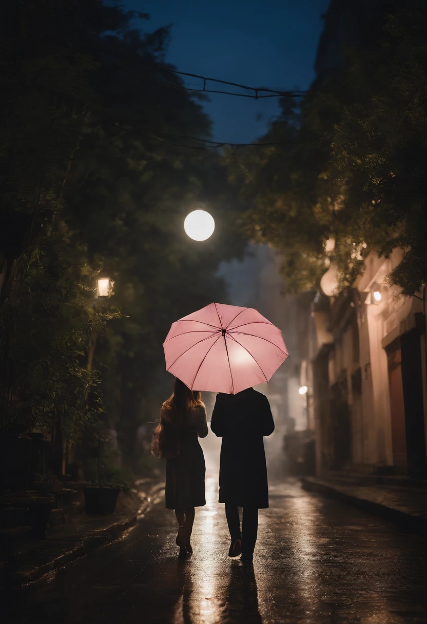 More about the rainy road, The girl hit the head of the umbrella, In his other hand he holds an umbrella, Blue Denim Leggings, Masterpiece Superb Night Moon(Master Piece) night moon(Full Moon) 1 Women, Sisters of Japan, Cold face showing silvery-white long-haired woman, Light pink lips, Calm and intelligent, Three Bands, lantern, lantern, Flower bulbs, Background, Spectacle strolling through the city, long hair shawl,