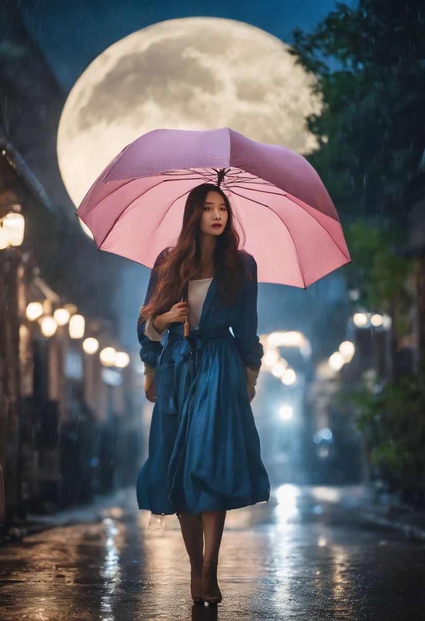More about the rainy road, The girl hit the head of the umbrella, In his other hand he holds an umbrella, Blue Denim Leggings, Masterpiece Superb Night Moon(Master Piece) night moon(Full Moon) 1 Women, Sisters of Japan, Cold face showing silvery-white long-haired woman, Light pink lips, Calm and intelligent, Three Bands, lantern, lantern, Flower bulbs, Background, Spectacle strolling through the city, long hair shawl,