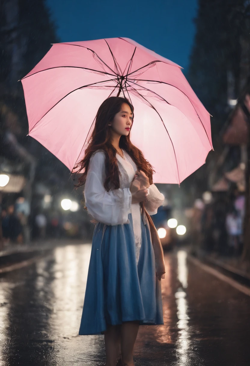 More about the rainy road, The girl hit the head of the umbrella, In his other hand he holds an umbrella, Blue Denim Leggings, Masterpiece Superb Night Moon(Master Piece) night moon(Full Moon) 1 Women, Sisters of Japan, Cold face showing silvery-white long-haired woman, Light pink lips, Calm and intelligent, Three Bands, lantern, lantern, Flower bulbs, Background, Spectacle strolling through the city, long hair shawl,