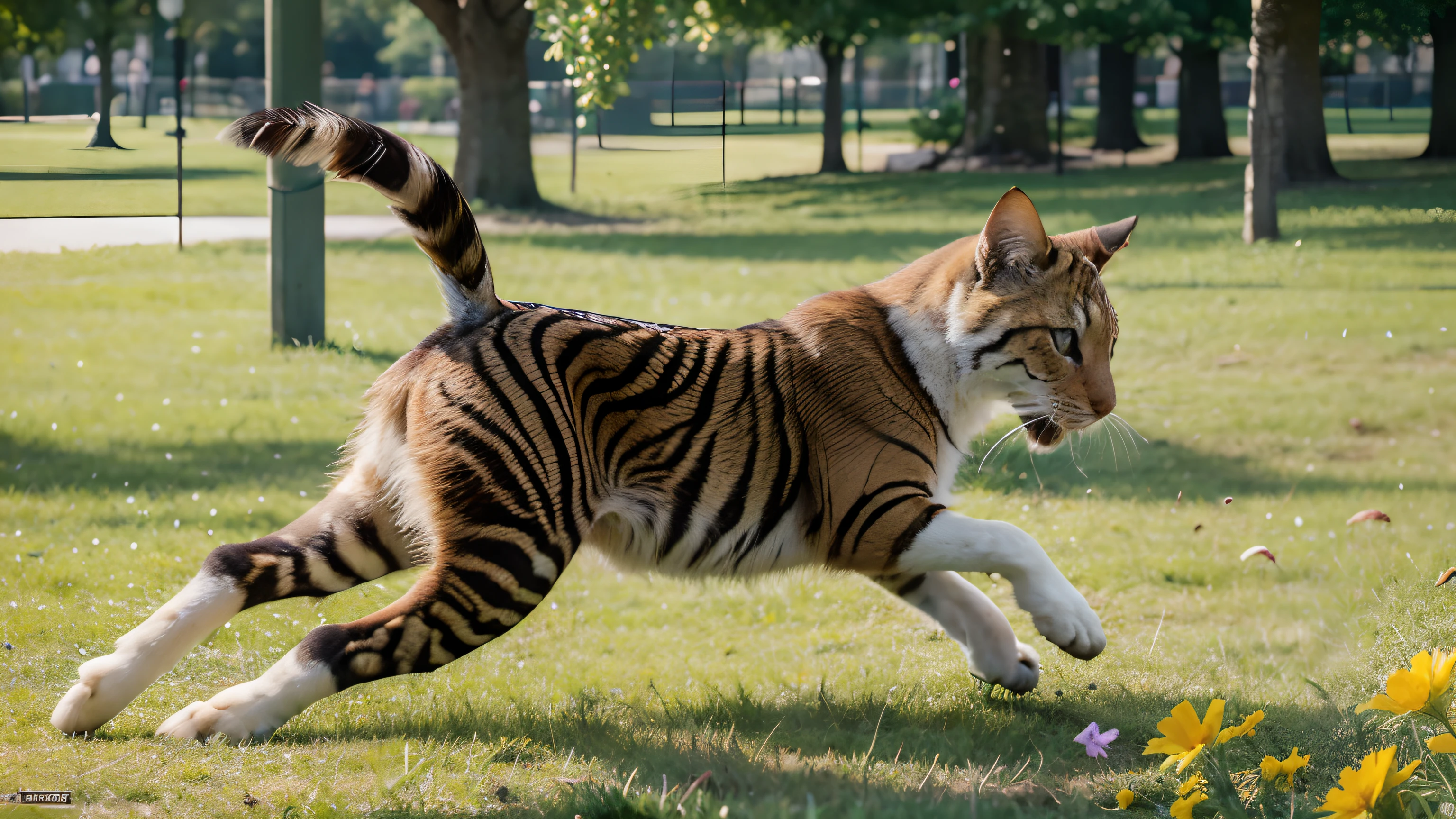 (best quality,4k,8k,highres,masterpiece:1.2),ultra-detailed,(realistic,photorealistic,photo-realistic:1.37), whiskers playfully pounces on colorful butterflies, sun-drenched park, vibrant colors, soft and warm sunlight, glowing flowers, lush green grass, shimmering butterfly wings, playful movements of whiskers, joyful atmosphere, sparkling light, whimsical scene, energetic and lively, lively park activity, delightful springtime, mesmerizing details, realistic portrayal of whiskers, captivating nature, cheerful and vibrant, delightful playfulness