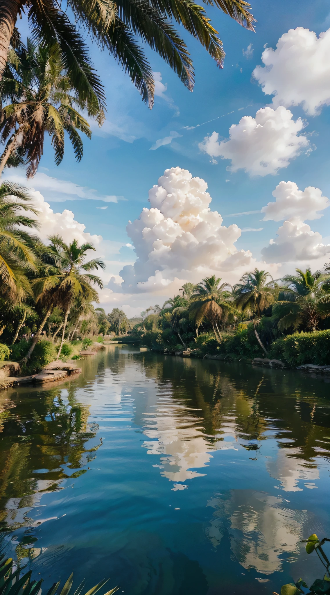 (best quality,4k,8k,highres,masterpiece:1.2),ultra-detailed,(realistic,photorealistic,photo-realistic:1.37),landscape,colorful,vivid colors,sunlit,serene,majestic,tranquil,golden Egyptian sun,glistening waters,towering palm trees swaying gently in the breeze,reflection of the palm trees on the shimmering Nile waters,peaceful riverbank,picturesque view,gently flowing river,harmonious blend of colors,textured palm fronds along the riverbank,calm atmosphere,serene ambience,scenic beauty,endless horizon,faraway boats sailing on the Nile,bright sunny sky,subtle sunlight illuminating the landscape,crisp and clear air,beautiful environment,mesmerizing scenery,relaxing sensation,sense of tranquility,authentic Egyptian scenery,postcard-worthy view,exquisite details