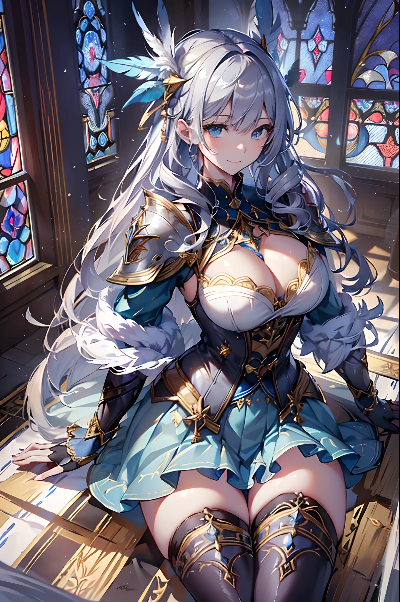 (Official art、Best Quality、Unity 8k Wallpapers、32K、masterpiece、ultra-detailliert、超A high resolution、The best illustrations、Very ridiculous:1.2)、(Cinematic lighting:1.2)、Fireglow effect、film grains、Best Shadows、Rim lighting、side lights、(Ultra-detailed and complex 3D rendering)、Detailed beautiful face and eyes、Sharp pupils、Realistic pupils、A slender、1Man Woman、Medium bust、(Full body:1.2)、 beauitful face、16-year-old beautiful girl、(super detailed skin、detailed skin textures:1.3)、(silver blond、Blue-silver hair:1.3)、Paladin、Longhaire、Blunt bangs、Green eyes、3 braids in 1 bunch、(Blue Armor、Blue Boots、Blue helmet、Jeweled、Gold embroidery)、A slender、Maxi skirt、(thighs thighs thighs thighs:0.8)、(chies、in a house、Artistic stained glass、Large pipe organ、Hello Point、Mystical、a lot of feathers float、angelicales、Particles of light、solemnity、Sunlight is、colourfull、Fantastical:1.2)、(Fantastical:1.3)、(Holding the Holy Sword:1.0)、Fantastical、Smiling smile