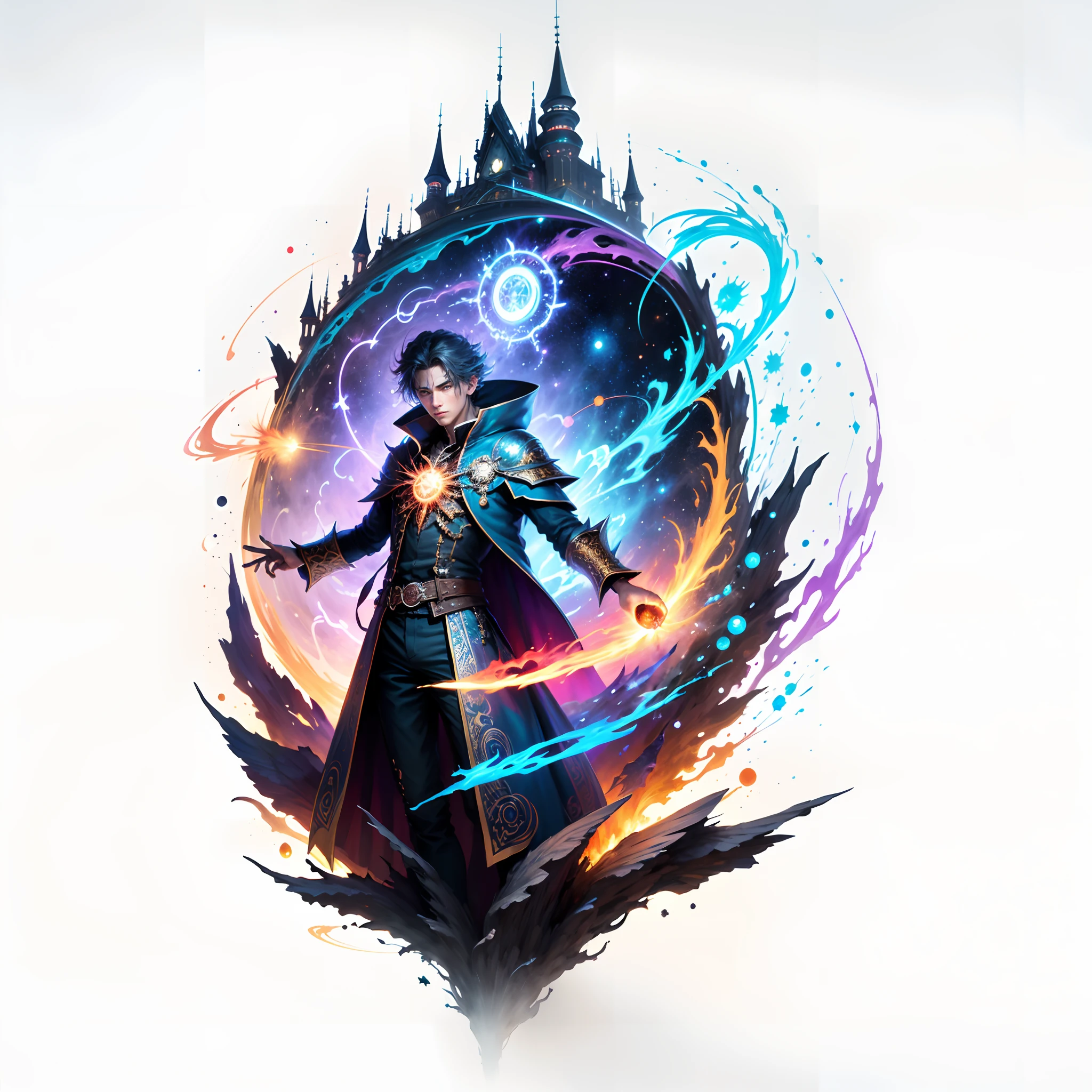 (((best quality))),(((ultra detailed))),(((masterpiece))),illustration, A stunning artwork featuring a mysterious wizard standing in an environment full of magic, surrounded by energy and an unknown sense of terror. He holds a wand and is surrounded by books, while colorful pages flying around him creating a mesmerizing scene. Blue flames burst from his magic circle, while pentagrams and spells float around him, suggesting he has endless magical wisdom and power. This artwork is perfect as a wallpaper and is a true work of art, featuring intricate details, sharp focus, and vibrant colors.