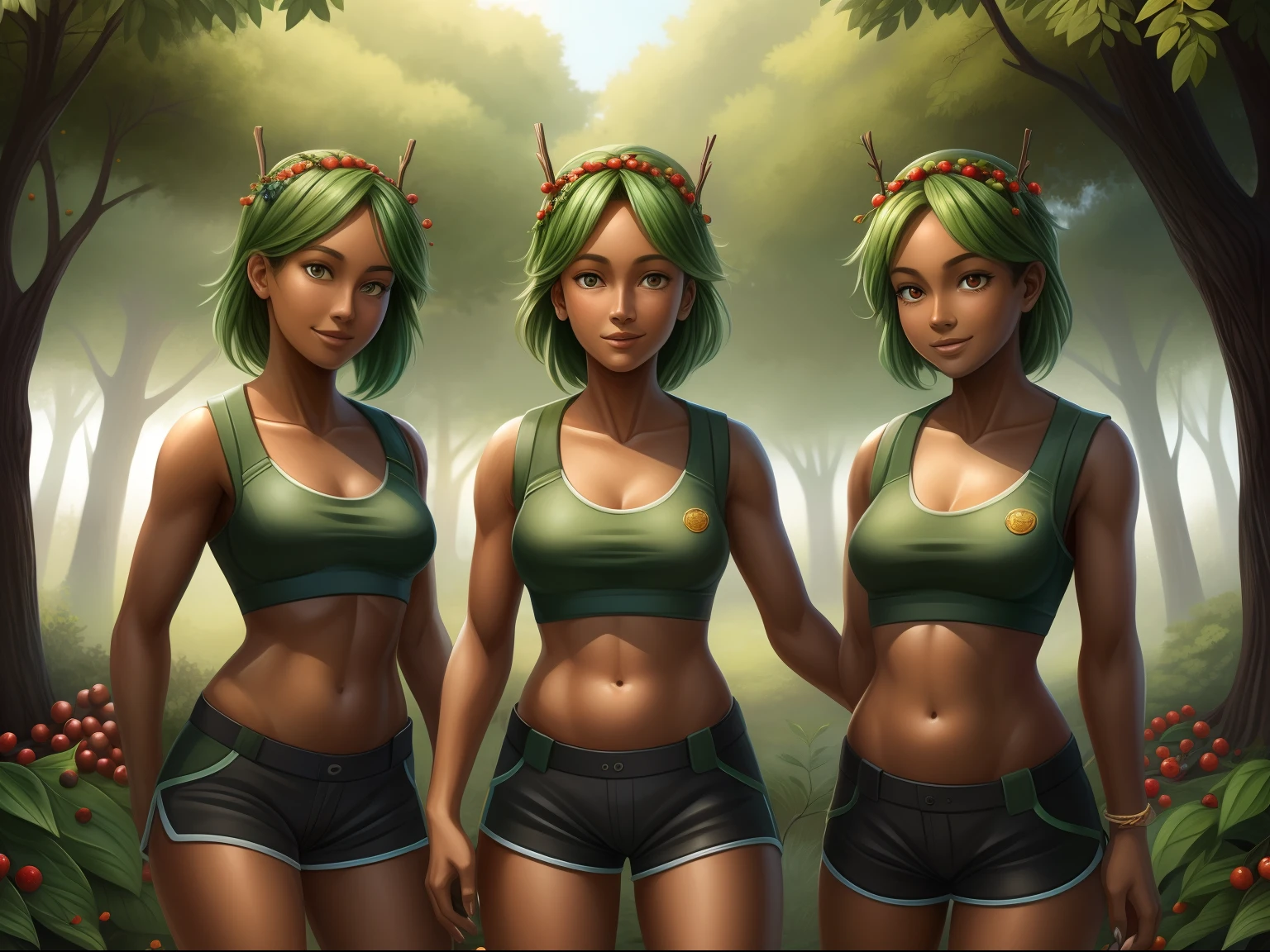 human, tree, 3girls, in a line, at attention, beautiful art style, golden rule, made of plants, ((bark brown skin, identical, twins)), rough skin, black scalea, berries in hair, green hair, park ranger outfit, shorts, crop top, hawthorn, vibrant colours, smiling at camera, dizzy, slutty, flat chest, forest backdrop