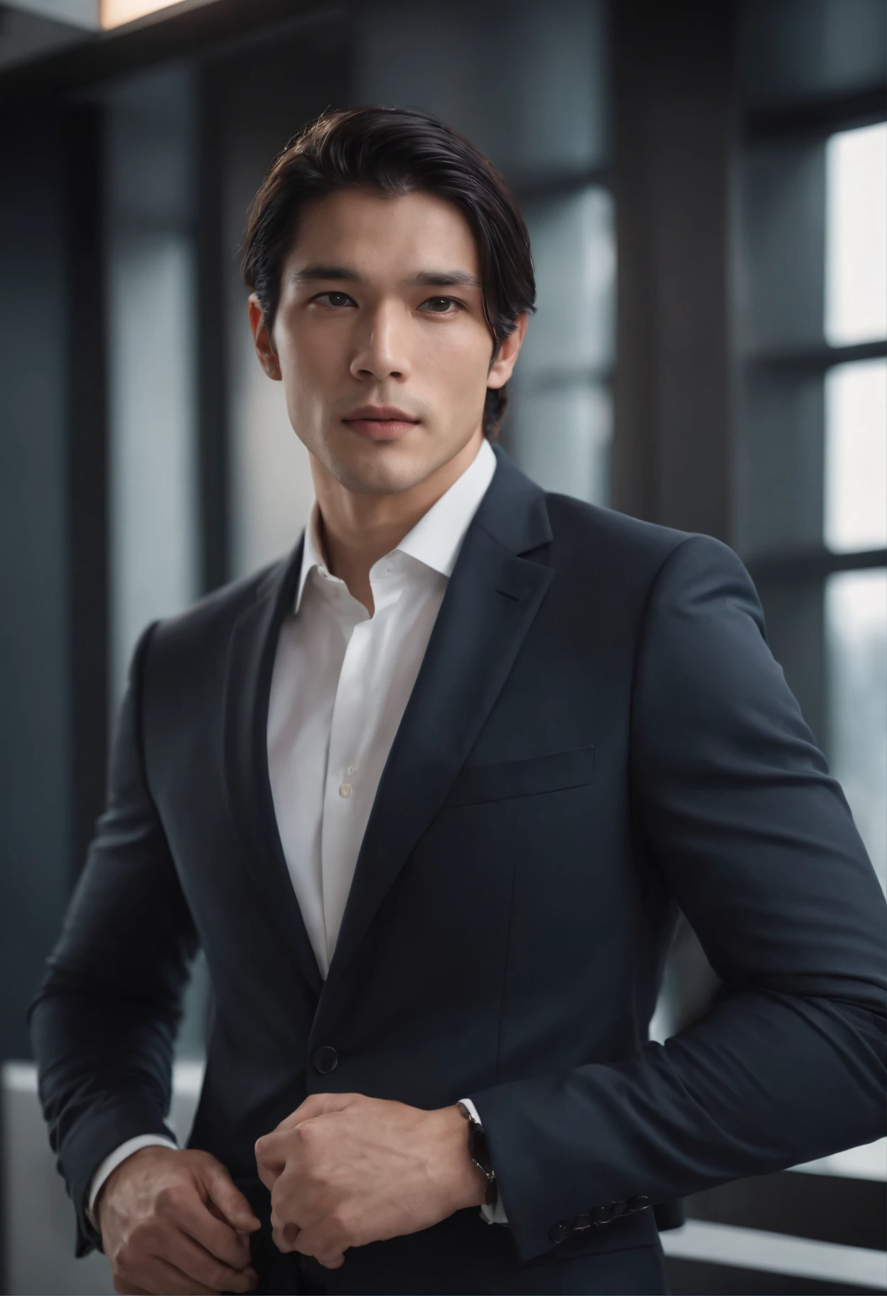 Attractive 27-year-old athlete with medium-long black hair and Hugo Boss business suit、a handsome