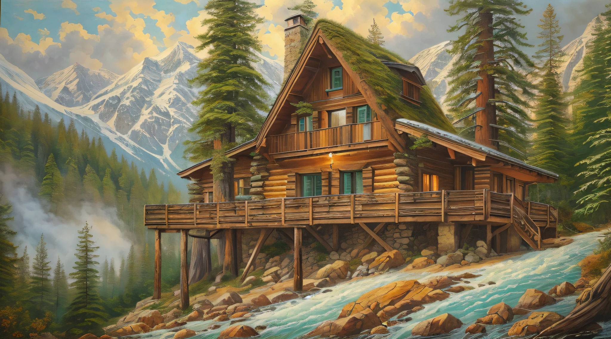 A rustic alpine chalet amidst a thick forest of giant sequoias, the chalet's chimney releasing smoke into the cold air, creating a sense of coziness and wilderness, Artwork, oil painting on wood,