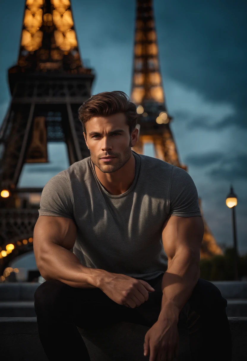 ((Top Quality, 8k, Masterpiece: 1.3)), Photoreality (1.4)), Raw Photo,beautifull,man,hollow cheeks,strong jaw,cheekbones,hunter eyes,blue eyes,extradetailed,(standing in paris in front of eiffel tower) (wear tight black T-shirt and baggy jeans) (without extra fingers,no undatailed picture)muscular,confident pose,pretty face,veryrealistic,fullbody(without beard) (blur background) (night time,midnight) lightning (highly detailed face and skin texture), (full body),perfect hands,extra detailed face,sharp,small nose,(cinemating light)