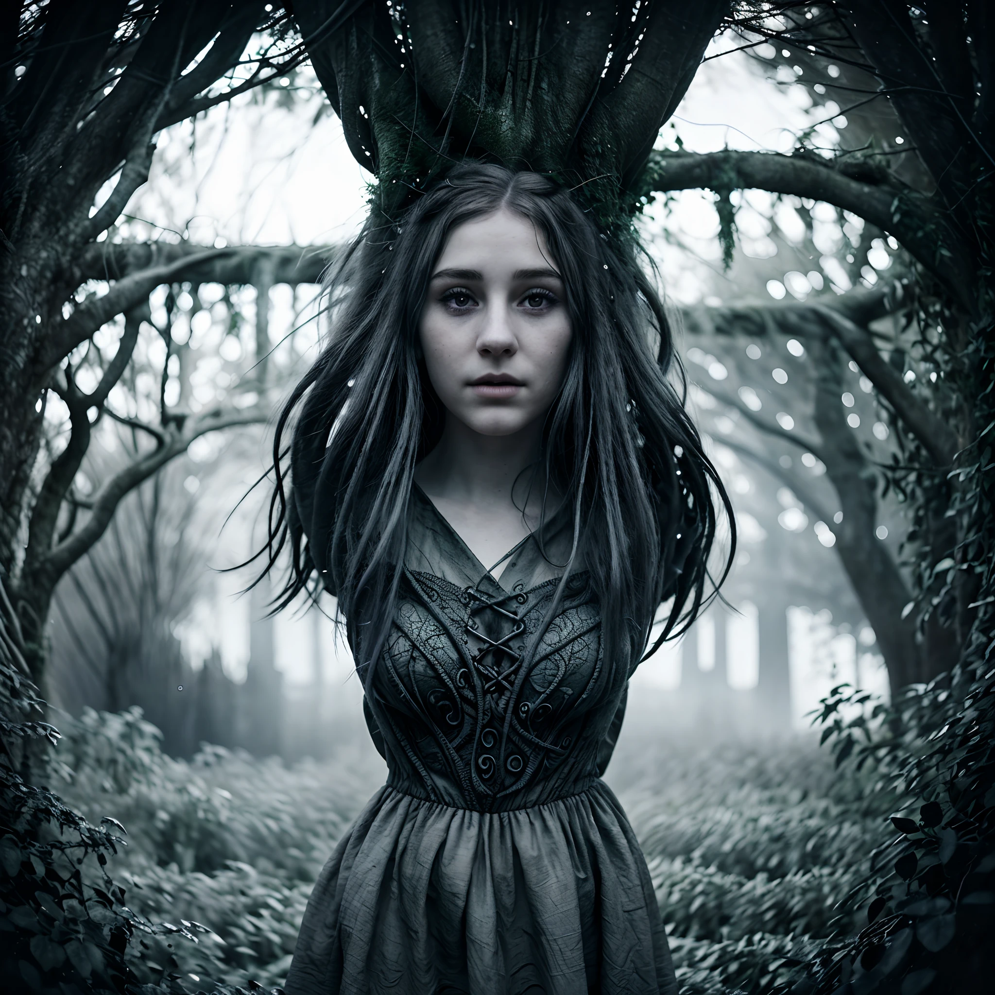 A girl with beautiful detailed eyes, long eyelashes, and beautiful detailed lips, trapped in a dark and eerie garden at night. She is wearing a flowing dress and looks scared. The garden is filled with twisting and gnarly trees, casting eerie shadows all around. The ground is covered in overgrown vines and the air is thick with fog. The girl is surrounded by darkness, with only pockets of moonlight highlighting her face and the garden. The color palette is dark and desaturated, with deep blues and purples dominating the scene. The lighting is soft and moody, emphasizing the eerie atmosphere. The artwork is made in a photorealistic style, with ultra-detailed textures and sharp focus. The overall quality of the image is at its best, with a 4K resolution and vivid colors.