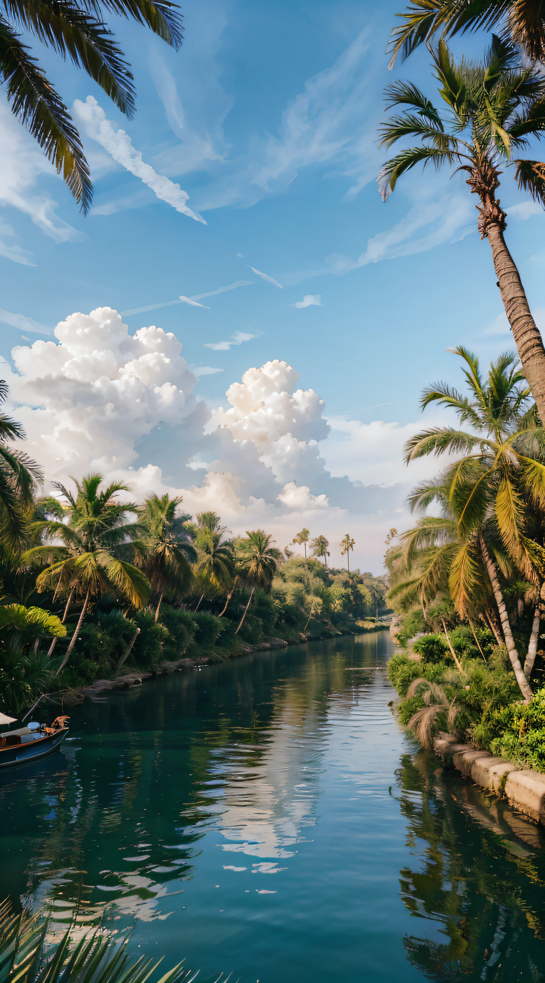 (best quality,4k,8k,highres,masterpiece:1.2),ultra-detailed,(realistic,photorealistic,photo-realistic:1.37),landscape,colorful,vivid colors,sunlit,serene,majestic,tranquil,golden Egyptian sun,glistening waters,towering palm trees swaying gently in the breeze,reflection of the palm trees on the shimmering Nile waters,peaceful riverbank,picturesque view,gently flowing river,harmonious blend of colors,textured palm fronds along the riverbank,calm atmosphere,serene ambience,scenic beauty,endless horizon,faraway boats sailing on the Nile,bright sunny sky,subtle sunlight illuminating the landscape,crisp and clear air,beautiful environment,mesmerizing scenery,relaxing sensation,sense of tranquility,authentic Egyptian scenery,postcard-worthy view,exquisite details