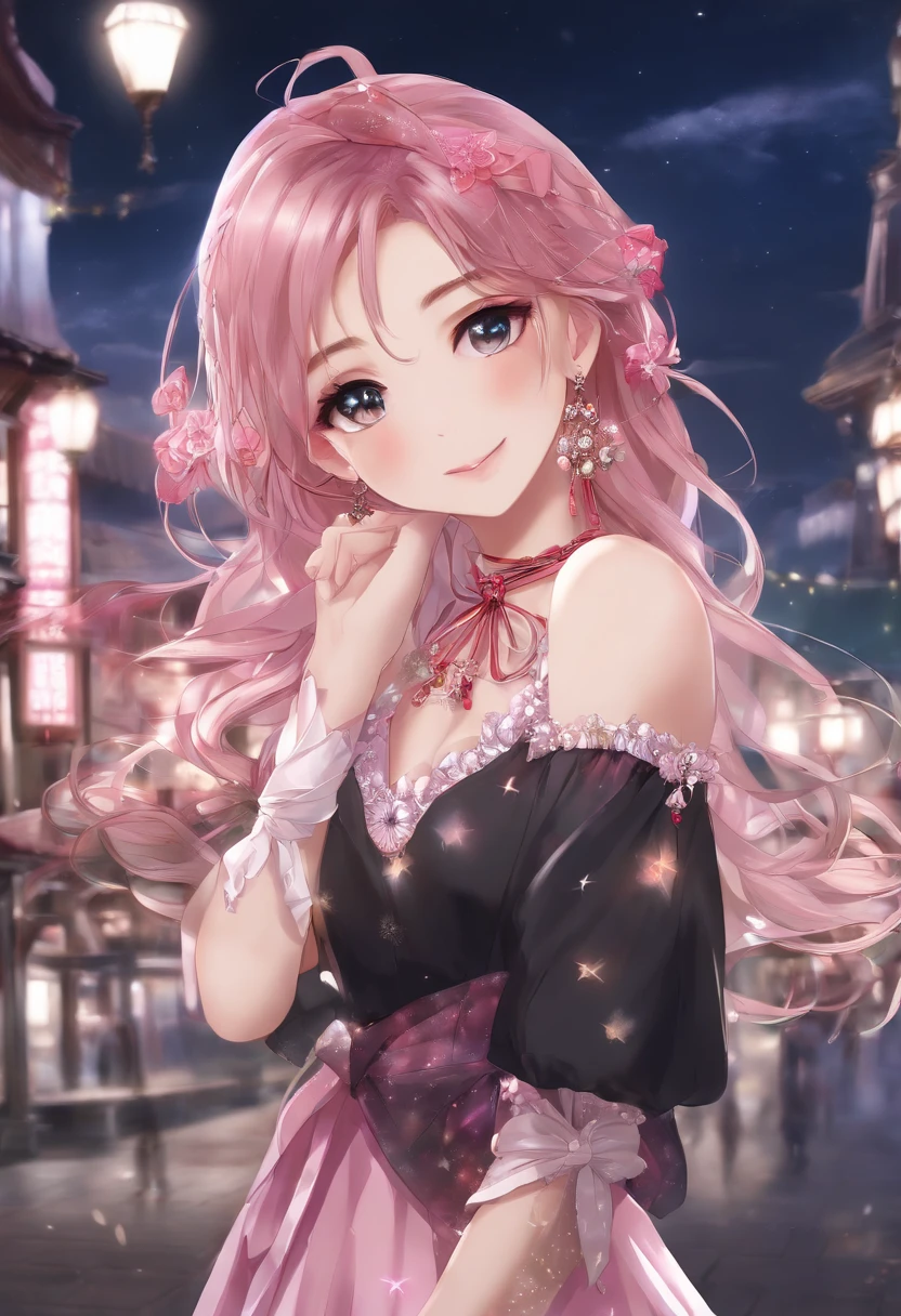 Masterpiece, Best quality, Night, stars, Cityscape, Real, Huge_filesize, the wallpaper, Colorful, Girl, Long hair, Pink hair, Drill hair, hair tying, Beautiful detailed eyes, view the viewer, Seductive smile, Japanese_clothes, Obi, frilled legwear, Hair_flower, hair pin, flower ribbon, Hair_bow, Earrings, jewelry, Bracelet,