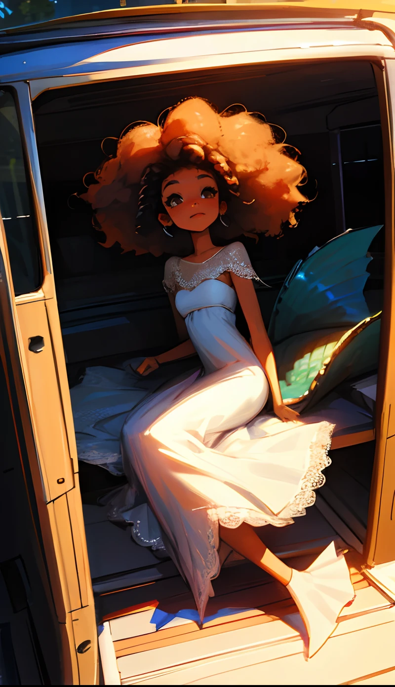 Louna , fille africaine,frizzy and afro hair ,le soir,Coming out of the party,with black mermaid knee-length lace dress , plan de loin(2 metre) --auto