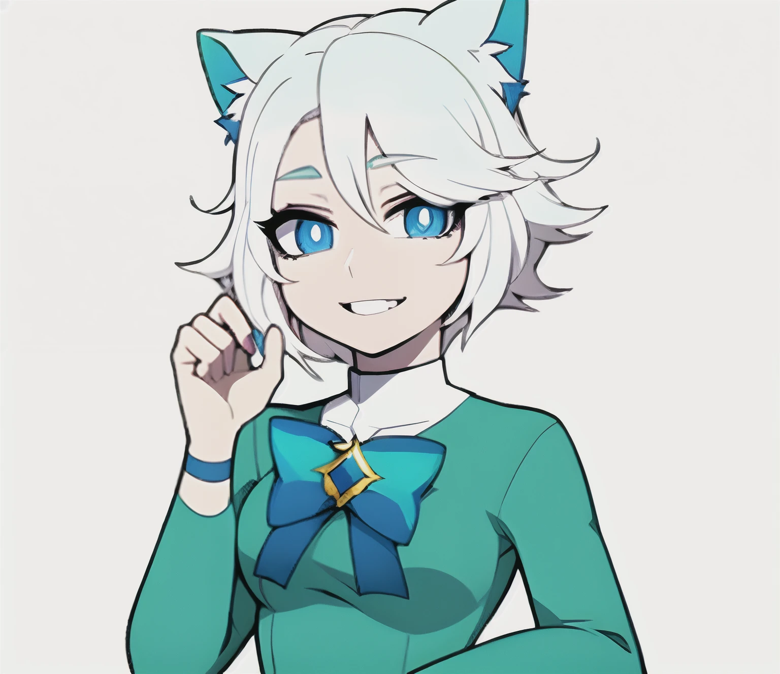 Cartoon drawing of a woman with white hair and a green sweater, [[[[sonriendo malvado]]]], Hembra Fursona, Chica de anime con cabello verde azulado, Anime Catgirl, Fursona!!!!, zorro blanco de pelo, Holo es una chica lobo, Fursona con ropa elegante, Chica anime con orejas de gato, en un estilo anime, unknown artstyle