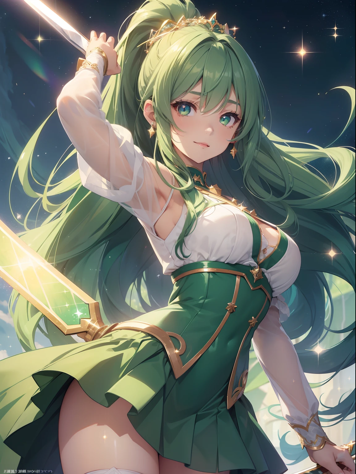 masutepiece, High resolution, 8K, anime woman, Delicate and detailed writing 、Detailed digital illustration、absurdly long hair、(((Ponytail)))、Shiny hair、a very beautiful woman、Eyes are double, Large,Little hanging eyes、 Bust E Cup、High image quality, High quality、Detailed background、、The inside of the eye shines like a diamond、(((Dark green hair)))、Gradient pupil、(((2 arms、4 fingers, 1 thumb)))、Detailed female face、a very beautiful woman、、细致背景、​masterpiece、Soft Focus , Bright gradient watercolor , Lens Flare , (((Glitter))) , Glow , Dreamy ,a miniskirt、Idol、Light Green Ribbon、Very beautiful light green rose hair accessories、Light green and gold costume with white as the main color、((Macroface))、(Cool Girl).Tall lady、Dignified.((No bangs))、Eyes with blue gradient glow、Full smile、(((Night Wizard))),(((cosmic background)))、((Decorated long sword))、((Hands in dynamic pose holding a sword in hand))