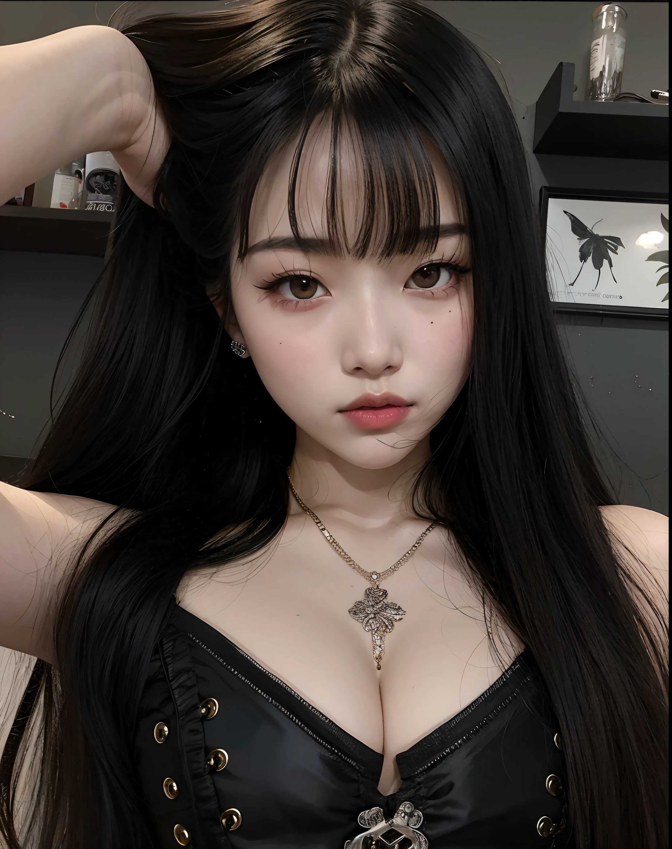 A close-up of a woman with long black hair wearing a corset, cruel korean goth girl, con cabello largo y ojos penetrantes, Ella tiene el pelo negro con flequillo, 1 7 - - old h girl, 1 7 - year - anime g girl, Diosa japonesa, con coletas negras, Chica coreana, Jaeyeon Nam, ulzzang